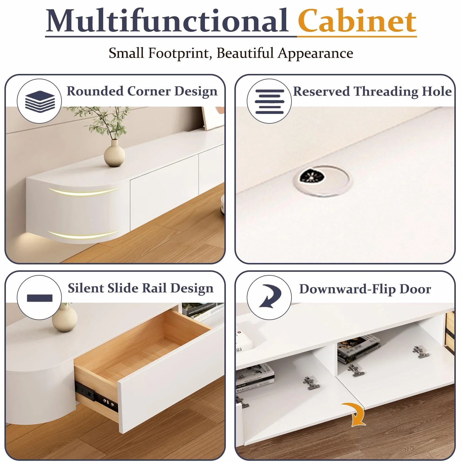 Floating TV Unit Wall Mounted TV Cabinet with 4 Cabinets Wooden Entertainment Media Console Large Storage TV Bench White 200cm