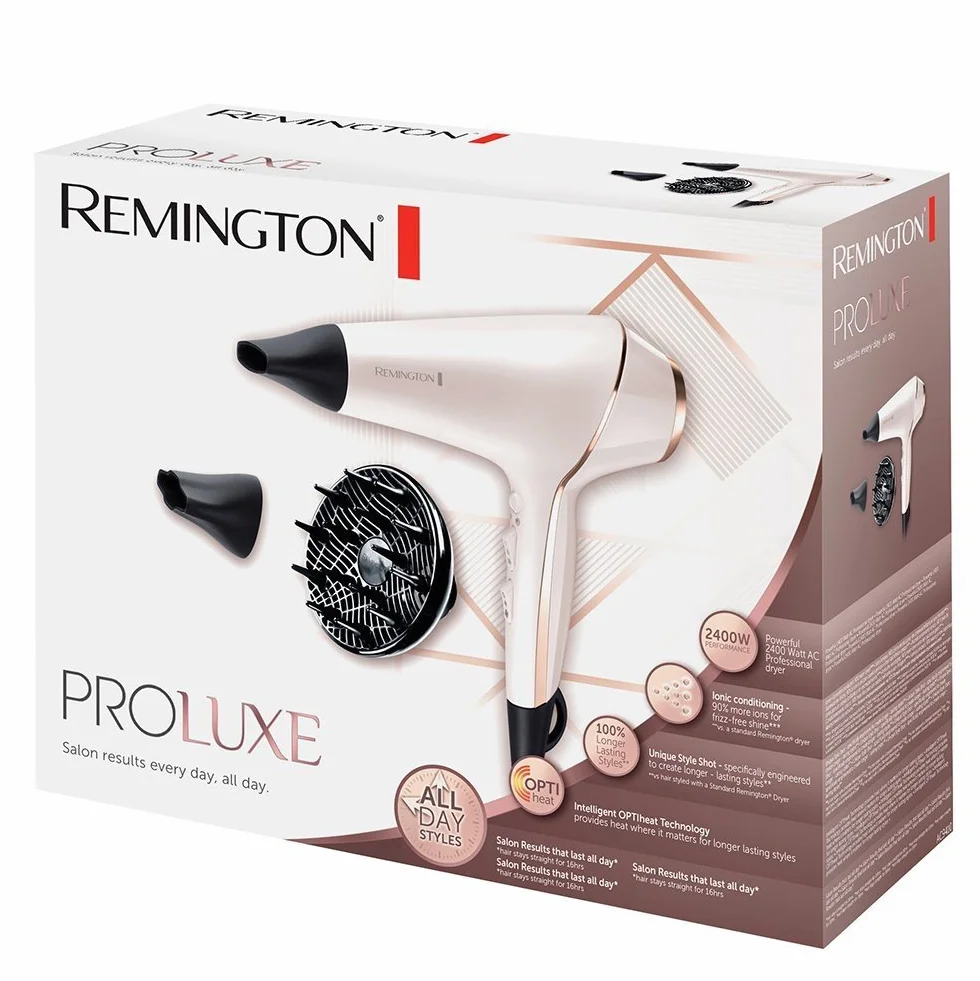 Remington suszarka do włosów z jonizacją, inteligentna tech. OptiHeat - utrwala fryzurę do 24h, 2 koncentratory i dyfuzor, lekka, zimny nawiew, moc 2400W, 150 km/h, PROluxe AC9140