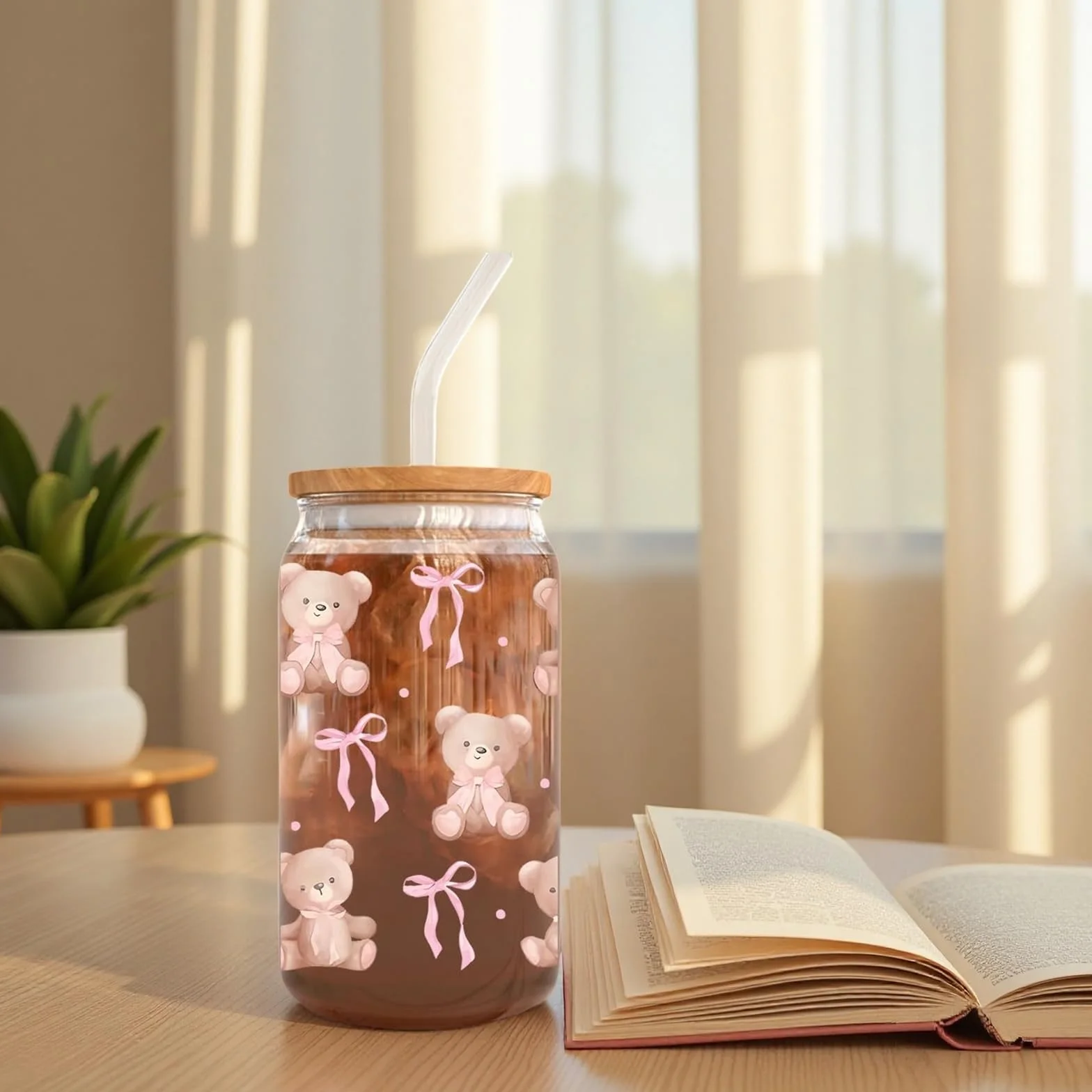 Szklanka 473ml z rysunkiem łuku i misia, ze słomką i pokrywką, motywacyjny prezent