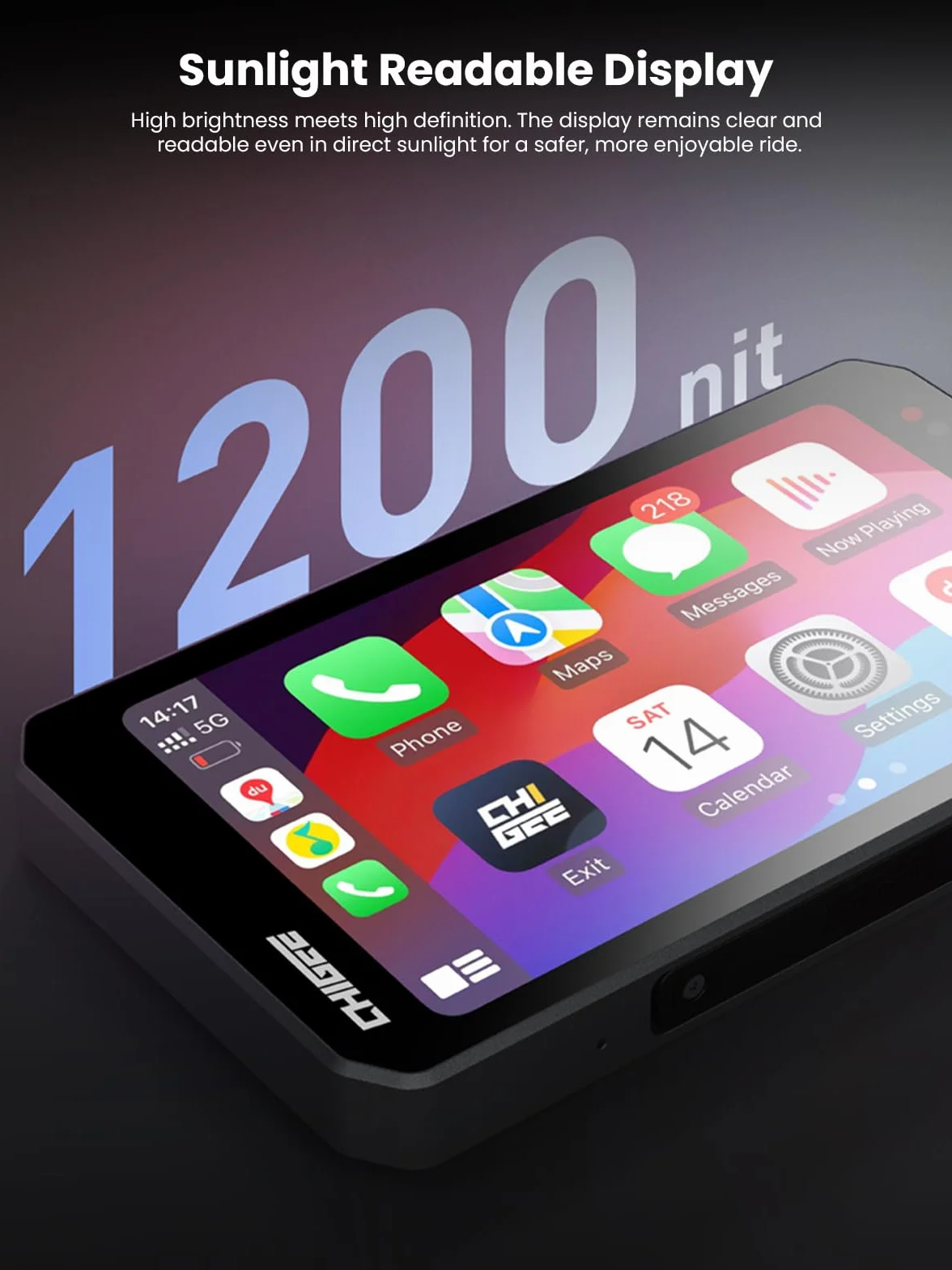 CHIGEE AIO-5 Evo 5" motocykl Carplay System nawigacji GPS z bezprzewodową funkcją CarPlay i Android Auto, podwójny aparat 1080p, wykrywanie punktu w ciemno, sterowanie kamerą akcji, wodoodporność