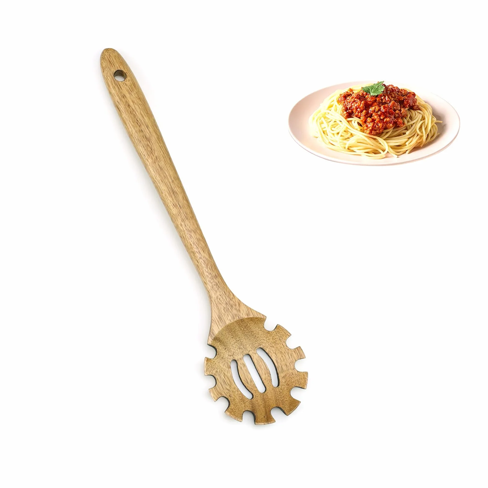 LINTRA Łyżka do makaronu 33 cm z zębami, drewniane szczypce do spaghetti