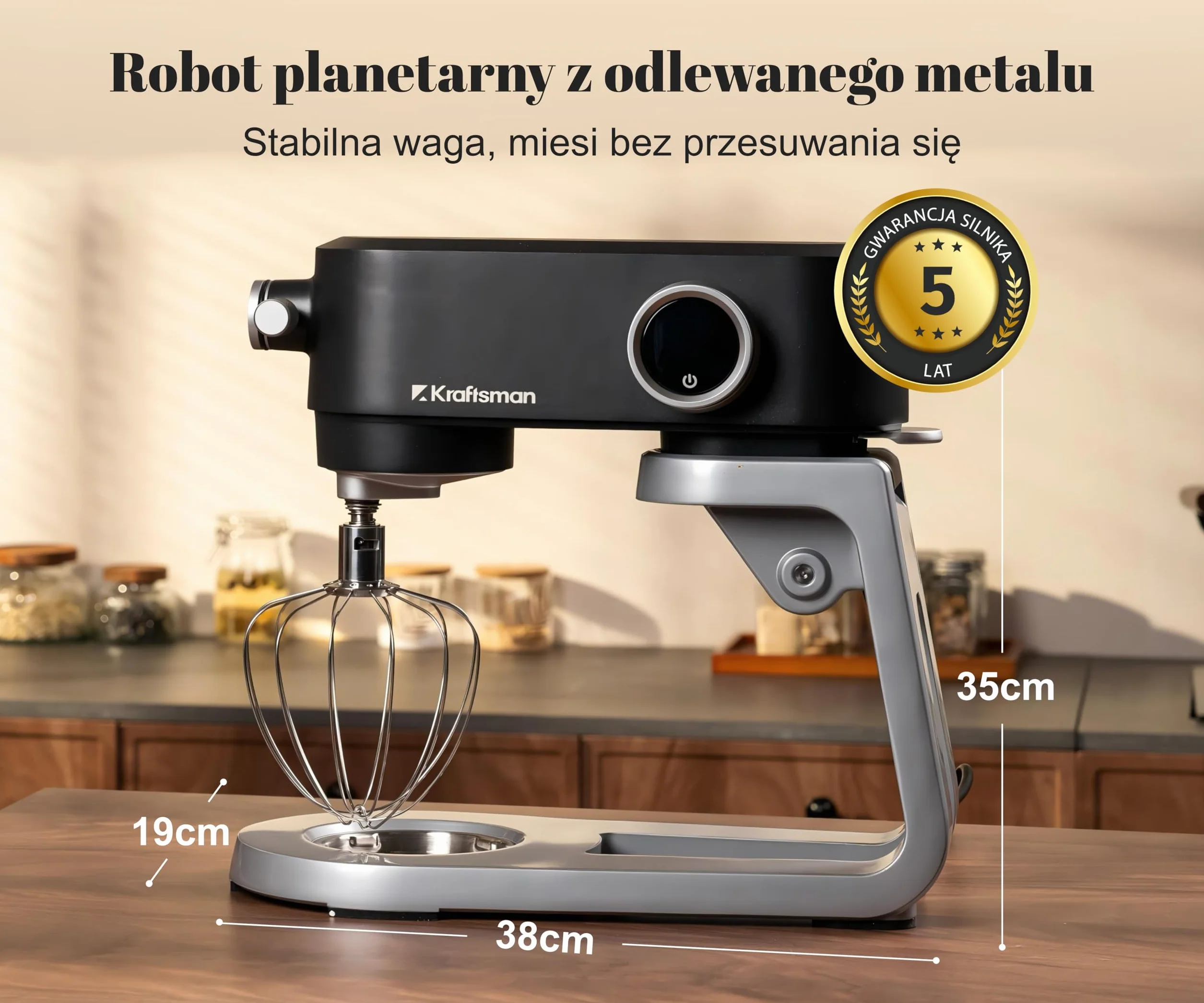Mikser stojący 5 L Vollmetal, silnik DC z miedzi, timer LED, 8 prędkości, stal nierdzewna, czarny