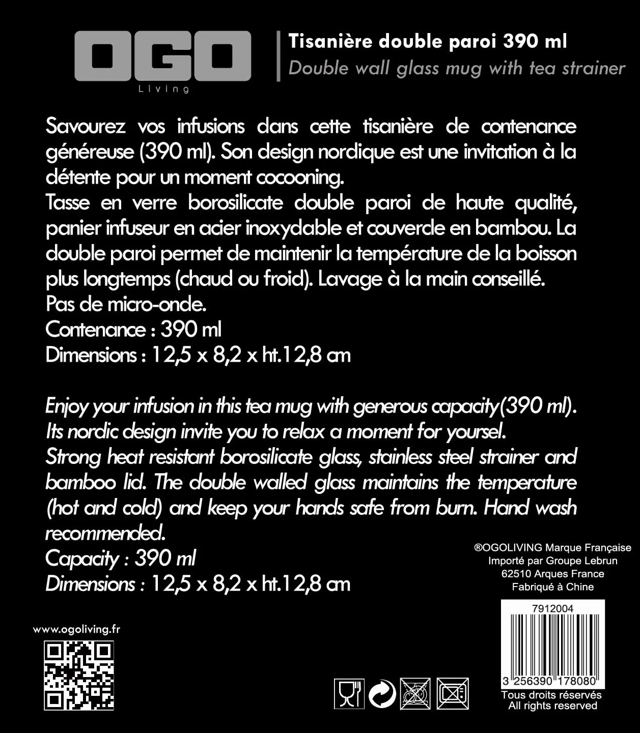 Ogo Living Ogo-Mug dzbanek z sitkiem do herbaty i pokrywką z bambusa, przezroczysty, 390 ml