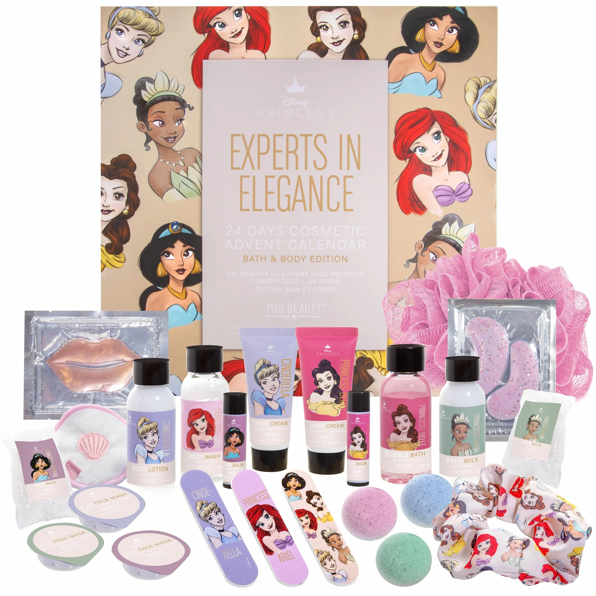 MAD Beauty Kalendarz adwentowy Disney Princess z 24 produktami do makijażu i kosmetyków, wellness, kalendarz adwentowy księżniczki dla kobiet, z maską na twarz, balsamem do ciała, gumką do włosów –