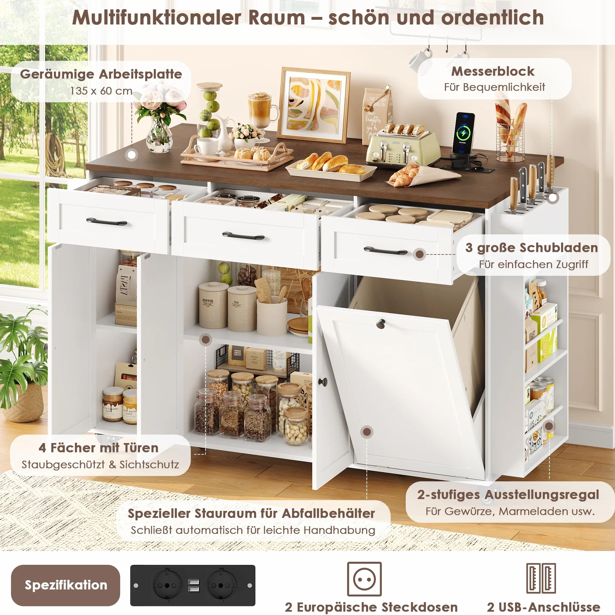 FirFurd Wyspa kuchenna wolnostojąca na kółkach, wózek kuchenny z listwą zasilającą i blokiem na noże, szafka kuchenna ze składanym blatem roboczym, wózek kuchenny z systemem segregacji śmieci, 135 x