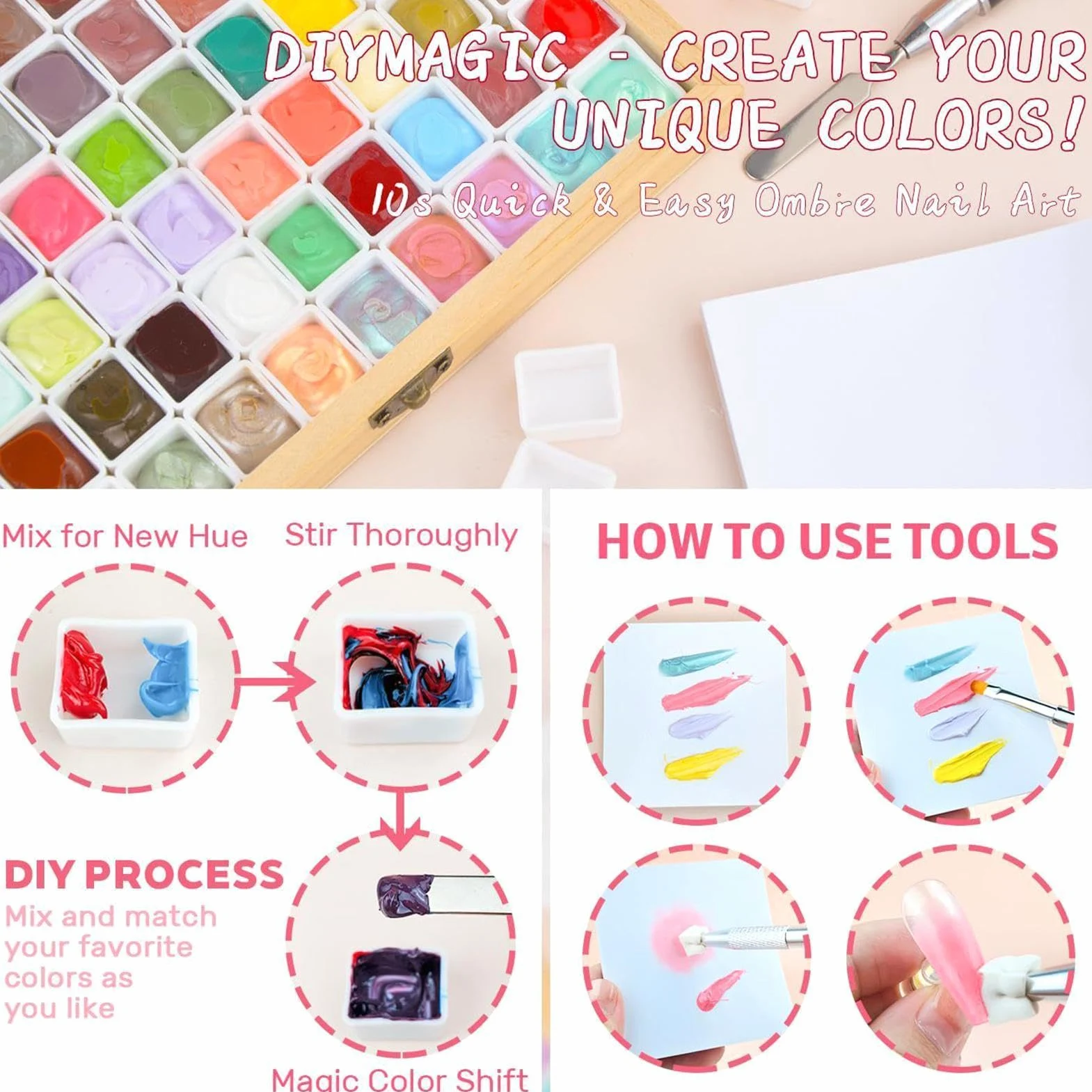 Pat Żel 60-kolorowe akcesoria manicure | Żel Do Wklepywania Z Efektem Różowego Cieniowania Do Domu, Salonu, Imprez, Ślubów, Wakacji, Dla Początkujących,
