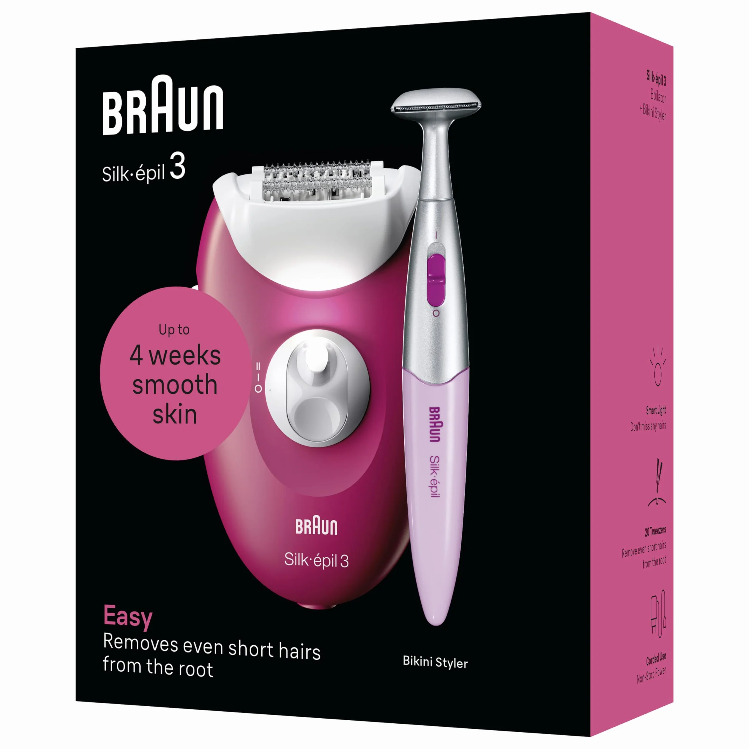 Braun Silk-épil 3, przewodowy depilator damski do usuwania włosów, nasadki do golarki, trymera i masażu ciała, 3-202, malinowy