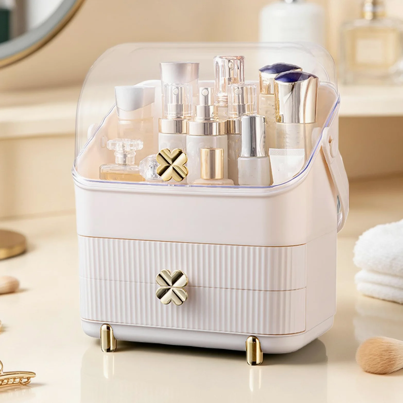 Duży Organizer Na Kosmetyki Blatowy Pojemnik Na Perfumy I Pędzle | Organizer Na Kosmetyki Z Przezroczystą, Wodoszczelną I Pyłoszczelną Pokrywą Do Zlewu Narożnika Toaletki Stołu Biura Łazienki