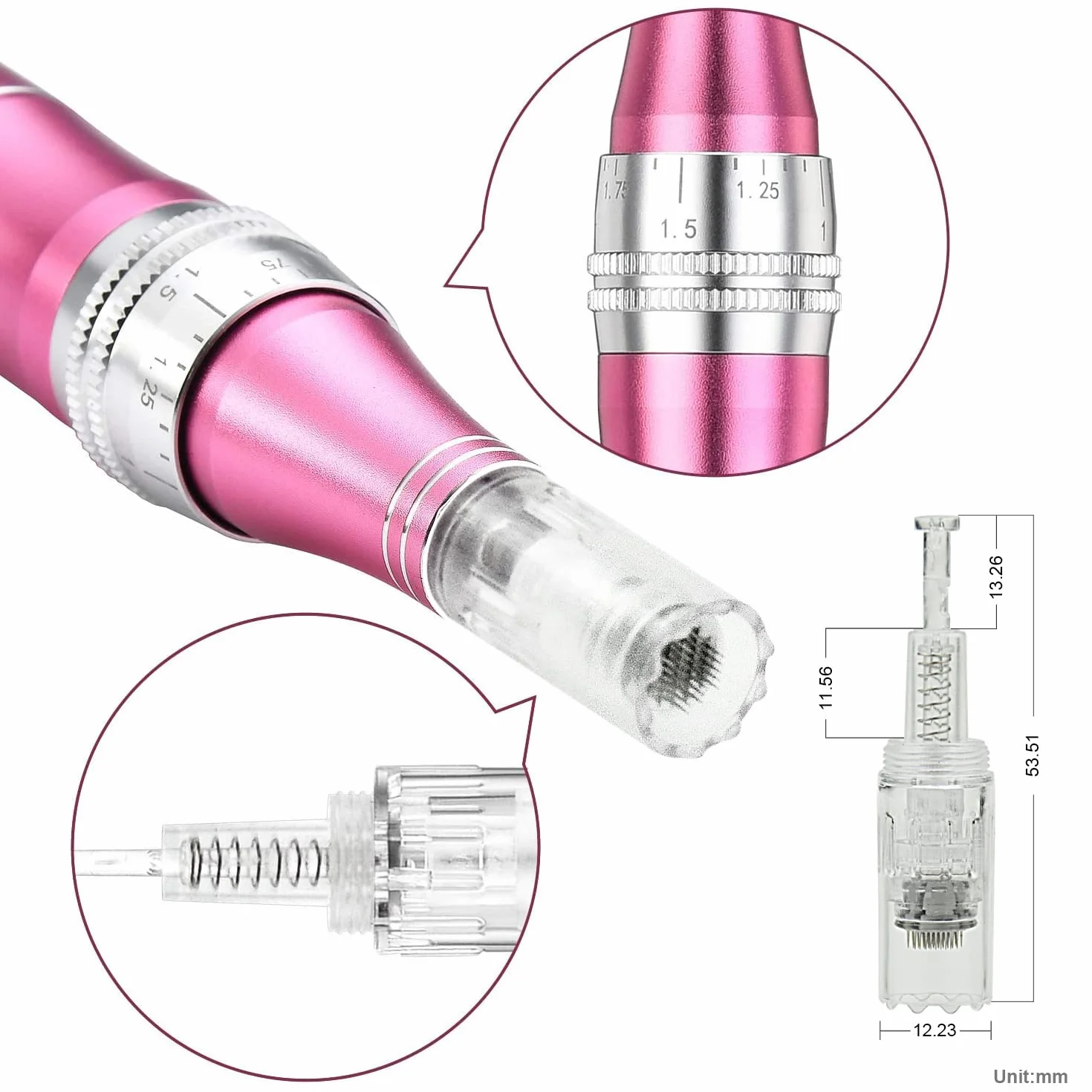 Dermapen TBPHP M1 z LCD mezoterapia + wkłady 12 szt (Różowy)