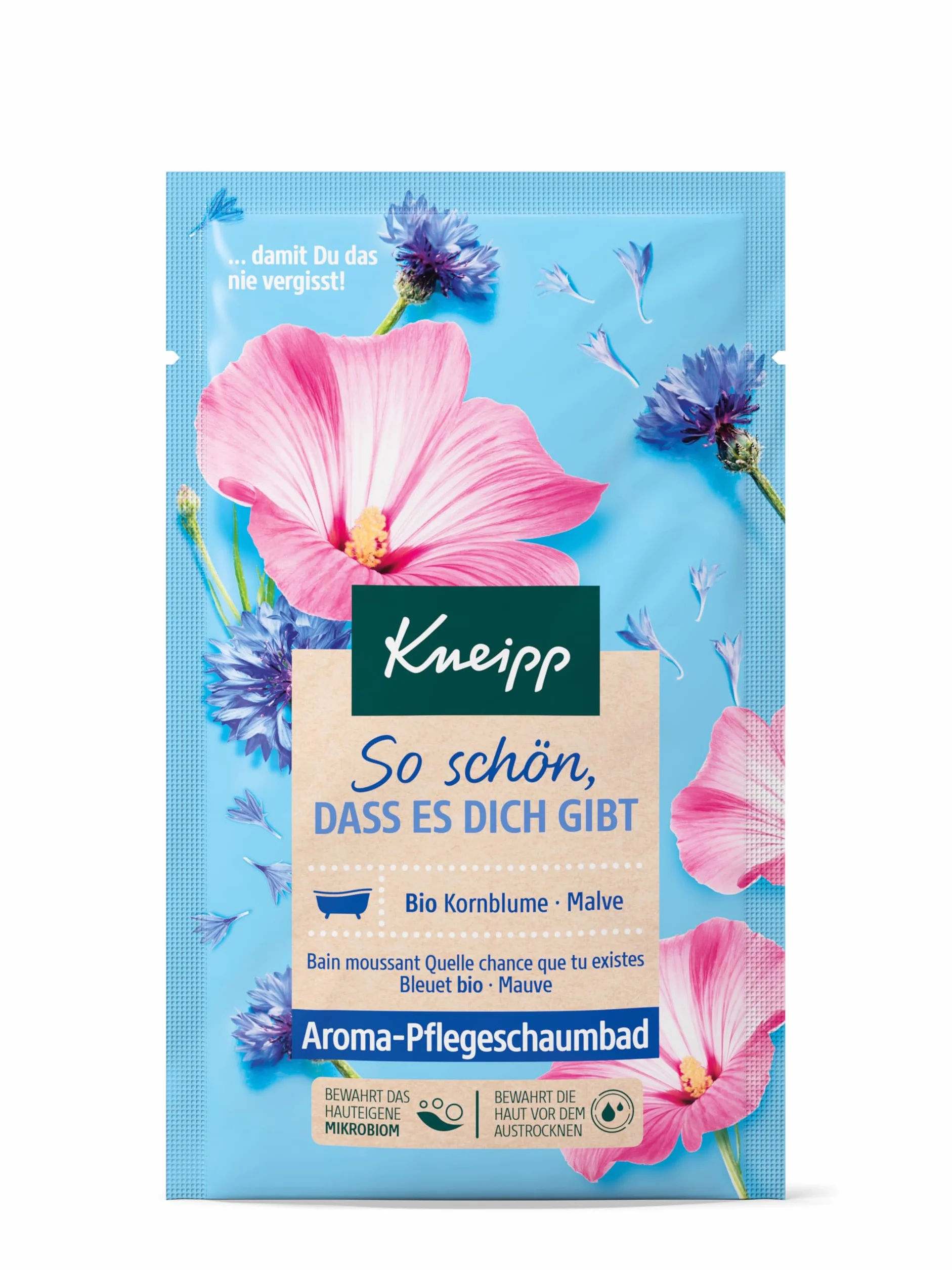Kneipp Aroma-pielęgnująca pianka do kąpieli So schön dass es dich gibt – dodatek do kąpieli z wysokiej jakości ekstraktami z ekologicznego chabra i malwy - 50 ml