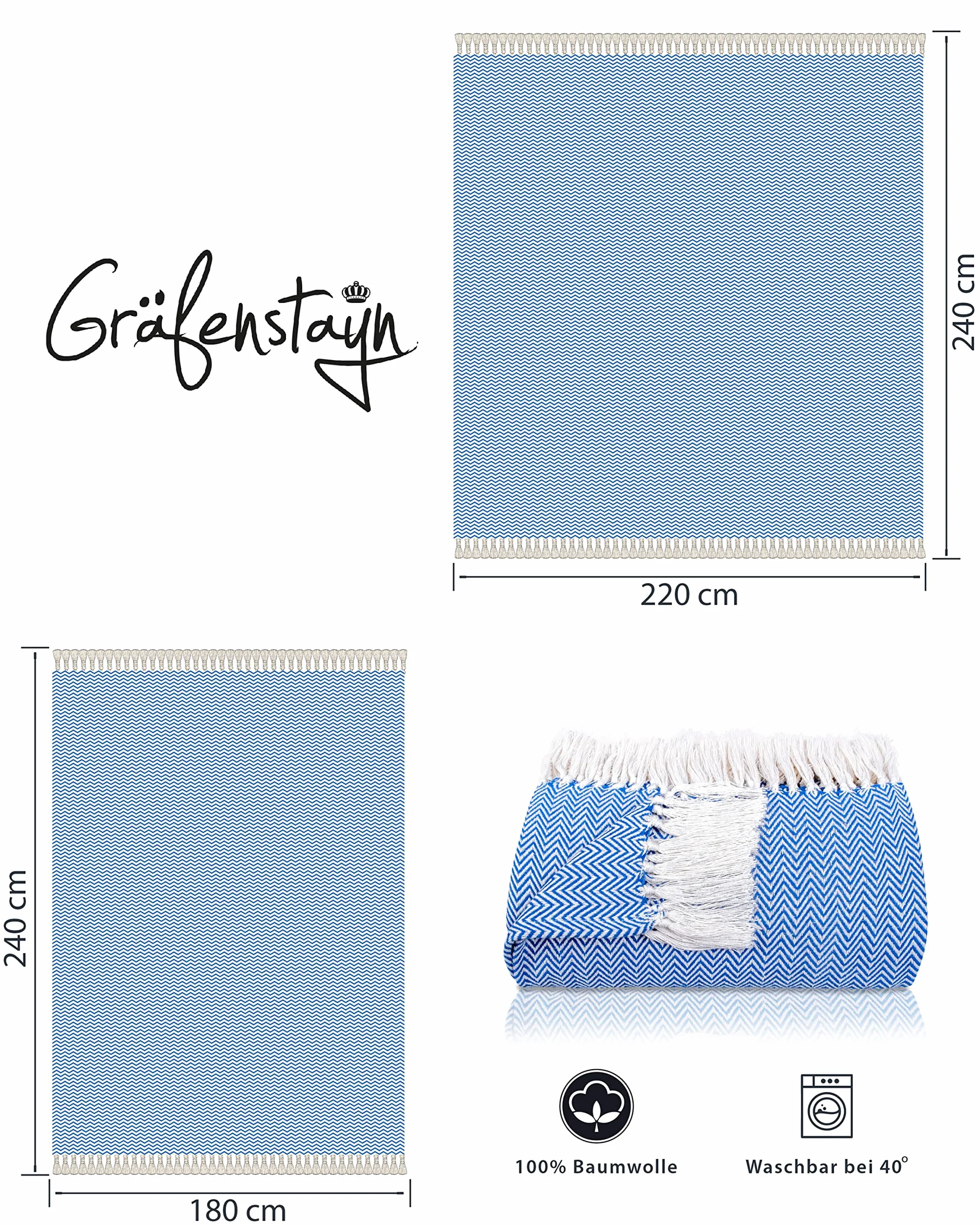 Gräfenstayn Narzuta XXL 100% bawełna wzór w jodełkę 220 x 240 cm niebieska