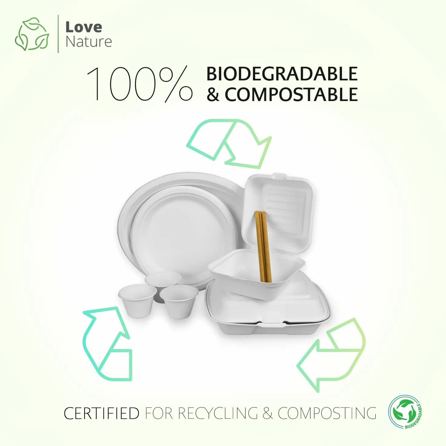 Love Nature Ekologiczny zestaw jednorazowych kwadratowych talerzy 20 cm 50 szt - Naczynia jednorazowe z miąższu trzciny cukrowej - Talerze jednorazowe, biodegradowalne - Jednorazowe talerze imprezowe
