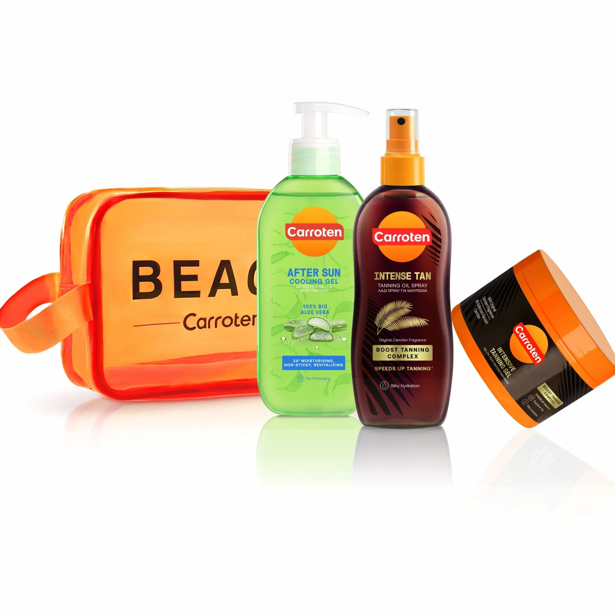 Carroten 3-w-1 zestaw do pielęgnacji po opaleniu - z Intensive Tanning Gel 150 ml, Intensive Tanning Oil 150 ml i After Sun Cooling Gel 200 ml - dla szybkiego opalenia, w tym praktyczna torebka