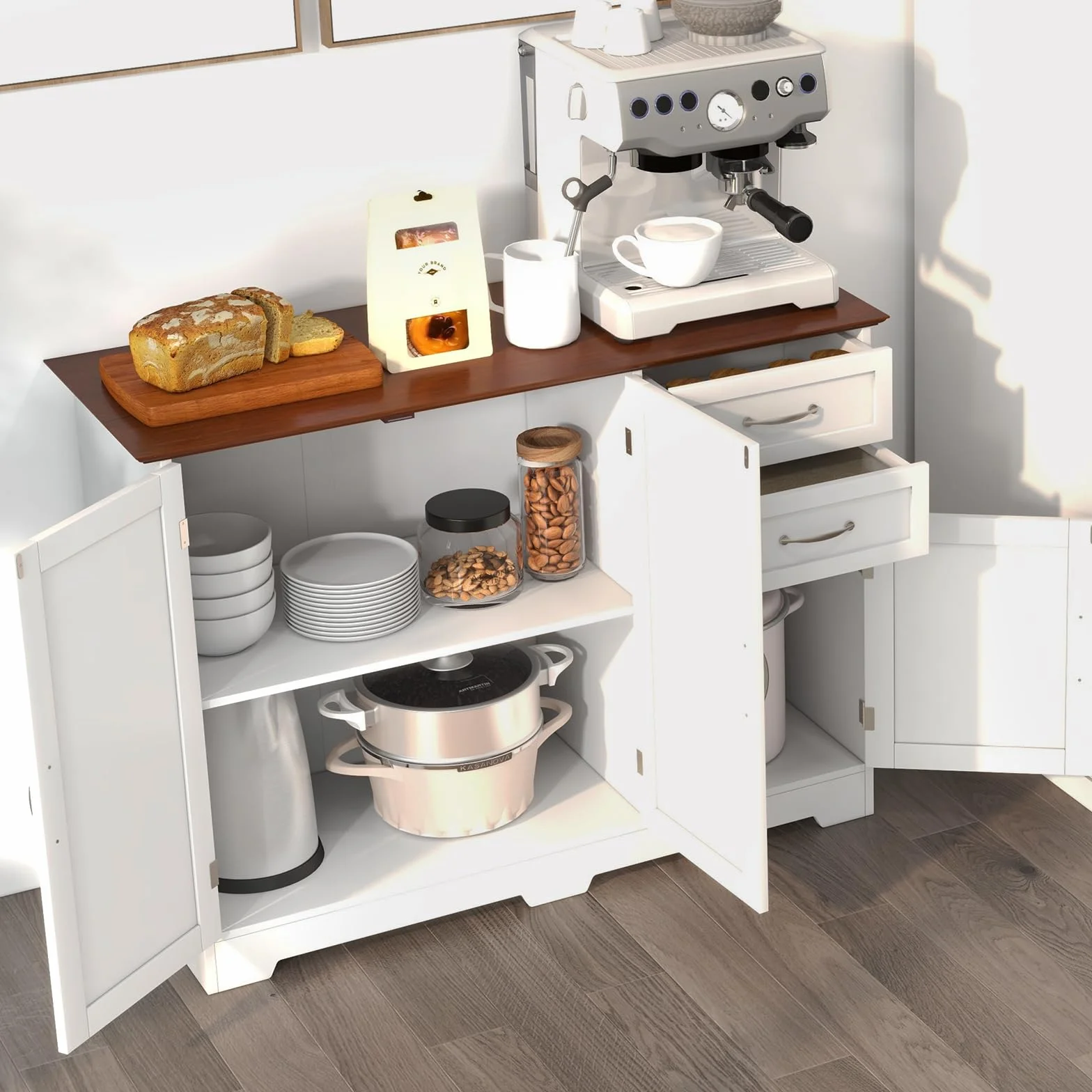 COSTWAY Kredens biały, szafka kuchenna z blatem roboczym 100 x 40 cm, szafka bufetowa z drzwiami i szufladami oraz regulowanymi półkami, wyspa kuchenna do kuchni, jadalni, JV11059WHDE