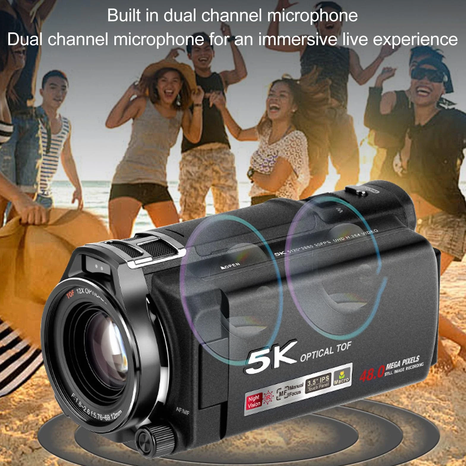 Kamera Wideo 5K, 12X Optica, Inteligentny Zoom 40X, Kamera do Vlogowania, 48 MP, 30 Kl./s z automatyczną regulacją Ostrości i 3,5-calowym Mikrofonem IPS z Ekranem Dotykowym do