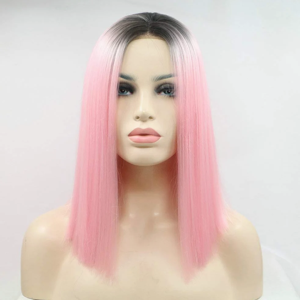 XINGYU Pastelowa różowa peruka ciemne korzenie Drag Queen, przyjazna syntetyczna koronka, peruki dla kobiet, do makijażu, na imprezę, Cosplay, letnie włosy, jasnoróżowe peruki Bob