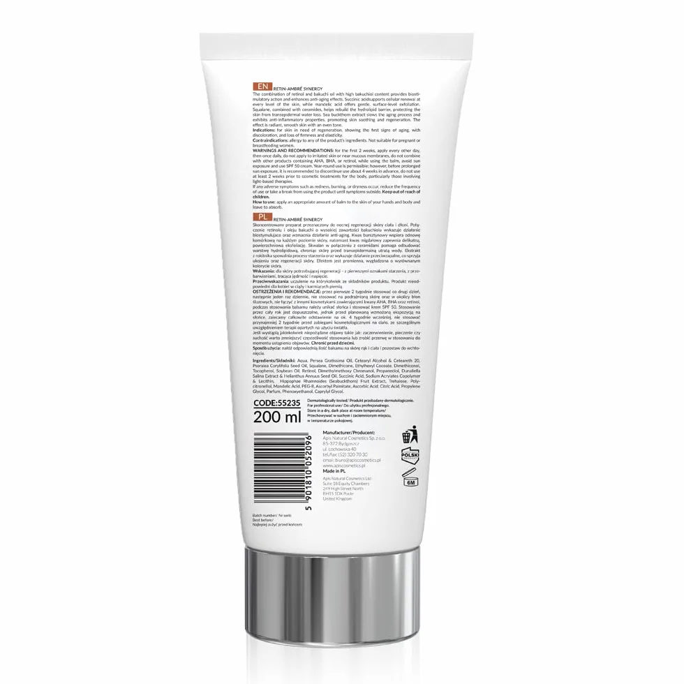 Apis RETIN AMBRE SYNERGY balsam do ciała i rąk na noc – 200 ml – z retinolem i kwasem bursztynowym, pielęgnacja skóry, nawilżenie, wygładzanie, regeneracja