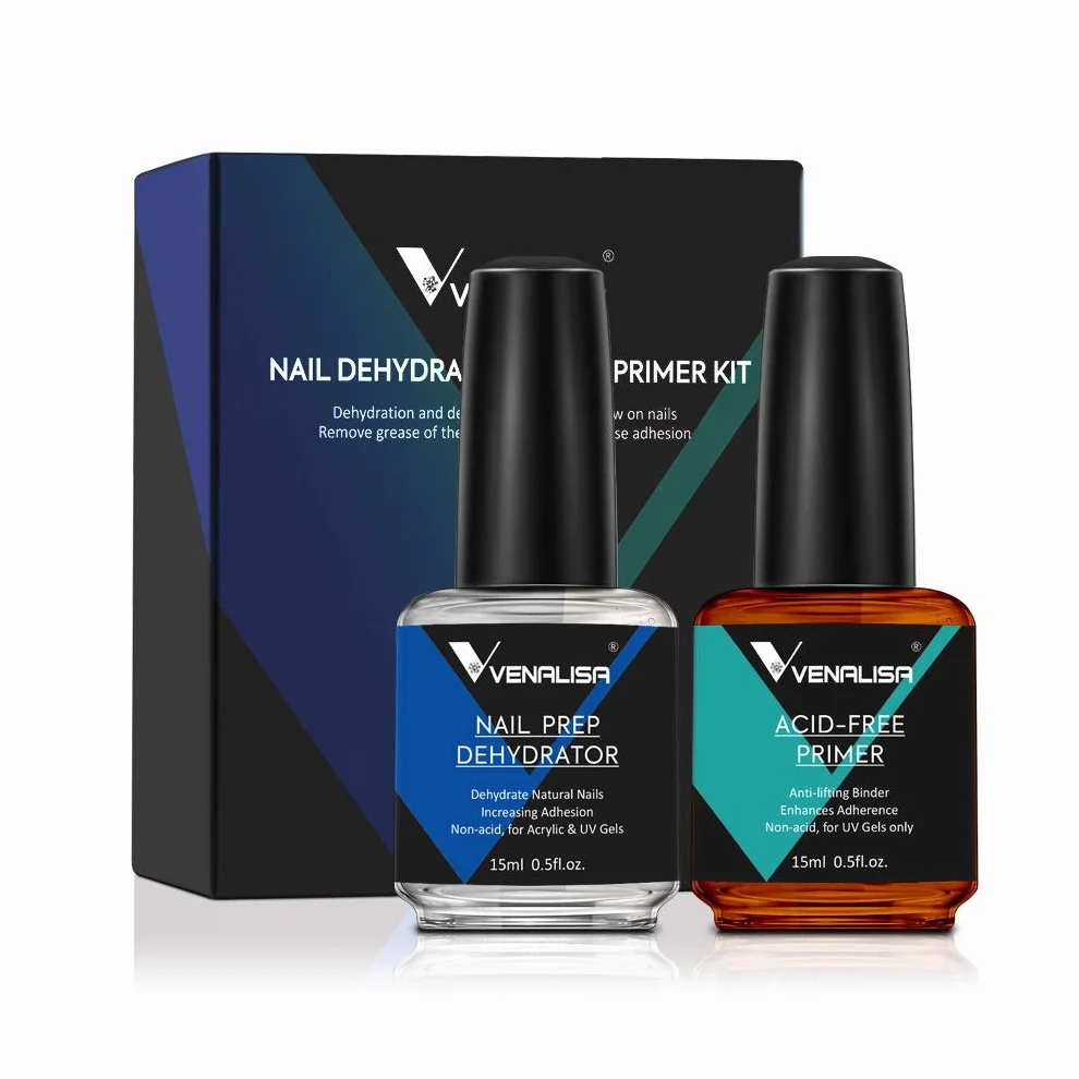 VENALISA 2 PCS 15ml Nail Art Salon Professional Nail Prep Dehydrator Air Dry No Acid Primer Enamel UV Gel Nail Polish Kit for DIY at Home Nail Care Kit