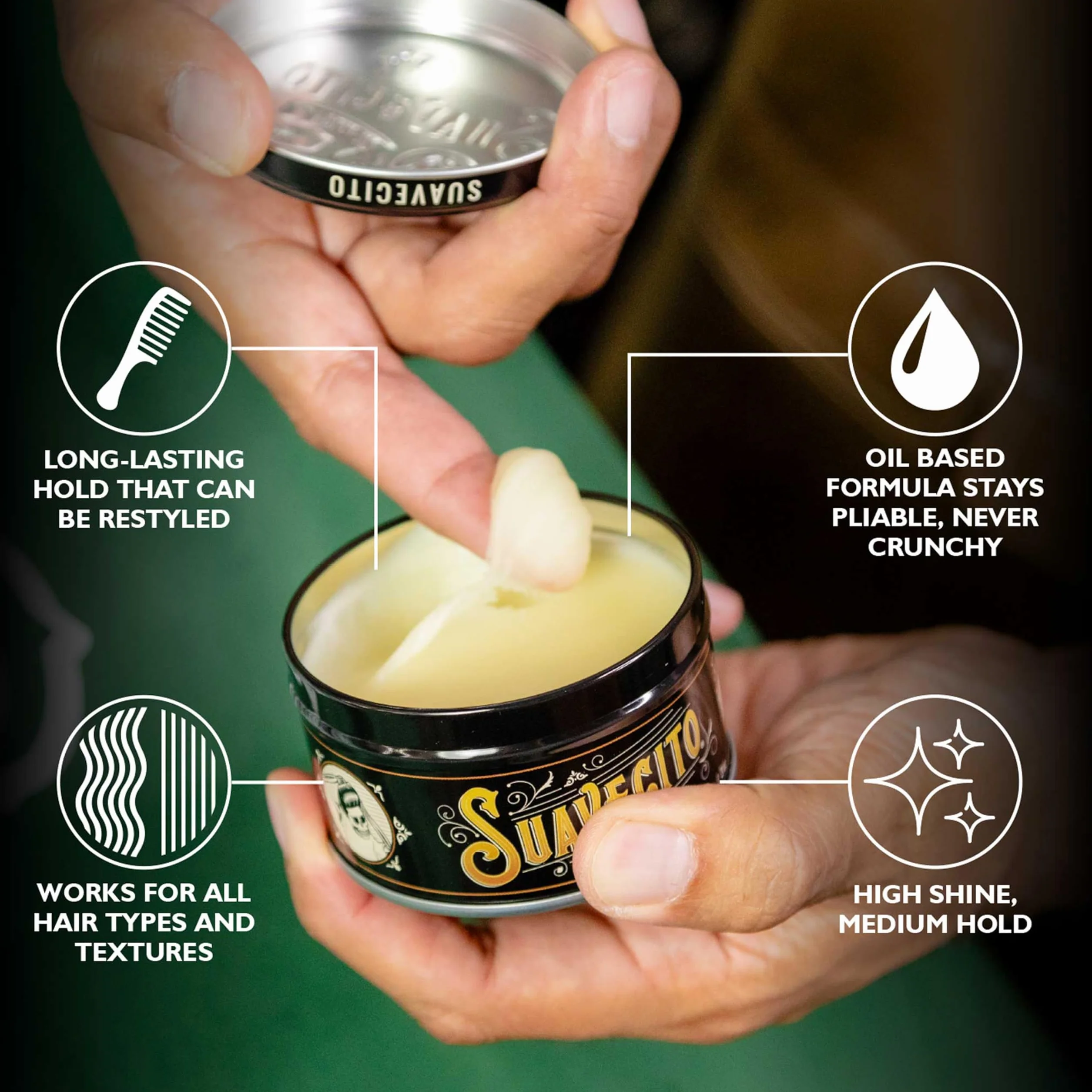 Suavecito Oil Based Pomade, Healthy Shine Long Lasting Hold, Medium Hold & Shine, Perfect For Any Hair Type, 3oz/85g