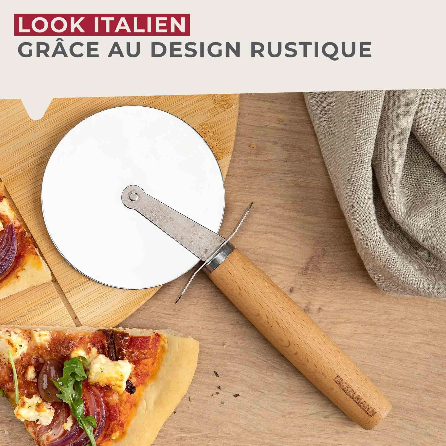 Fackelmann Nóż do pizzy XXL do pizzy i tart – koło do pizzy z ostrym ostrzem ze stali nierdzewnej – wałek do pizzy z ergonomicznym uchwytem z drewna bukowego – ok. 23 cm