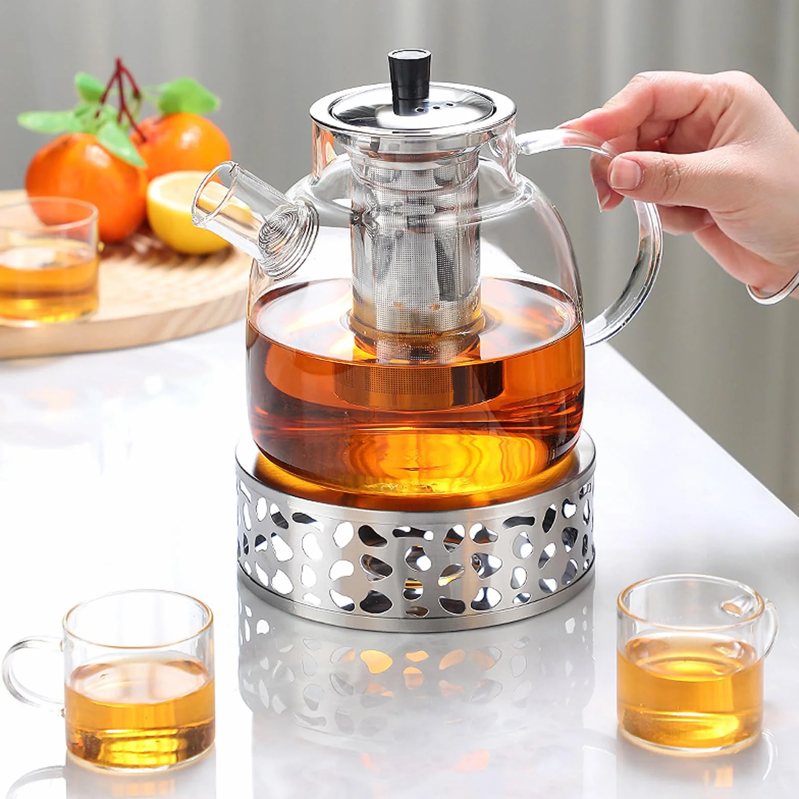 Dzbanek do herbaty z sitkiem, 1800 ml, dzbanek do herbaty z podgrzewaczem, szklany dzbanek do herbaty ze szkła borokrzemowego, zestaw do herbaty sypkiej, torebki herbaty, szklany dzbanek do wszystkich
