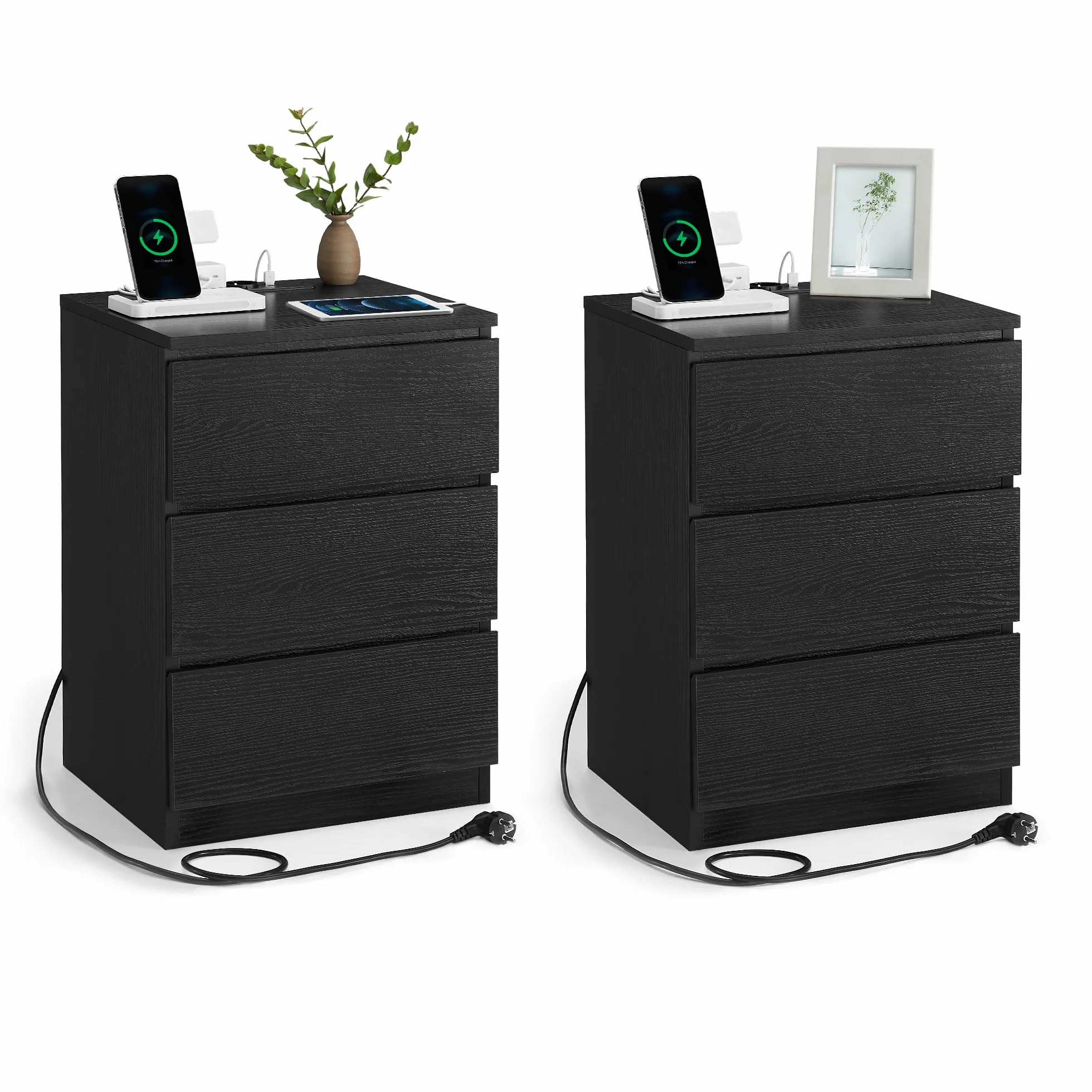 VASAGLE Stolik nocny 3 szuflady fazowana krawędź 2 gniazda AC 2 porty USB hebanowoczarny zestaw 2 szt.