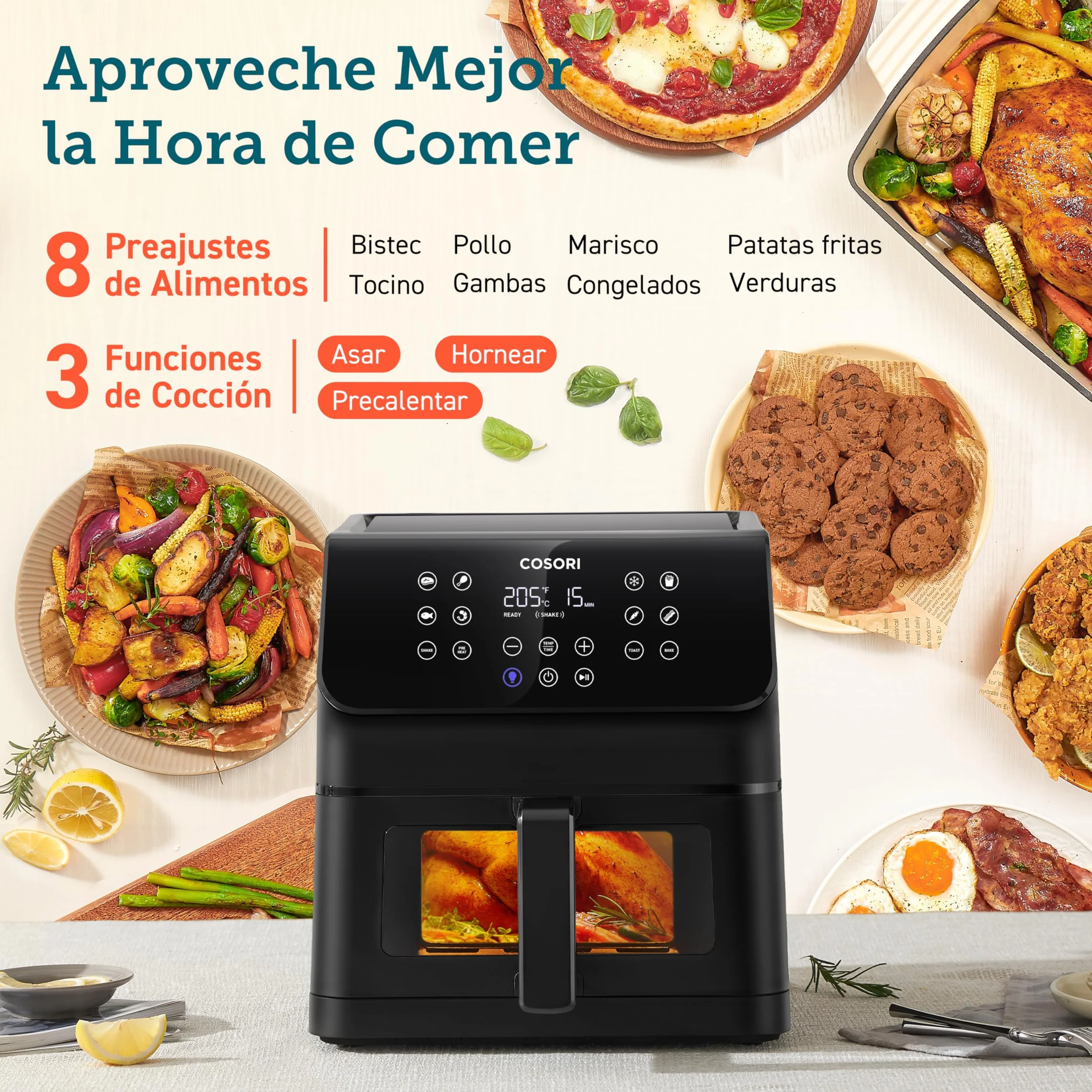 COSORI Frytkownica powietrzna 6,2 l z oknem, frytkownica powietrzna z 12 funkcjami(pieczenie i pieczenie), wyświetlacz One-Touch, regulowany czas i temperaturę 75-205 ℃, 30 przepisów papierowych i 50