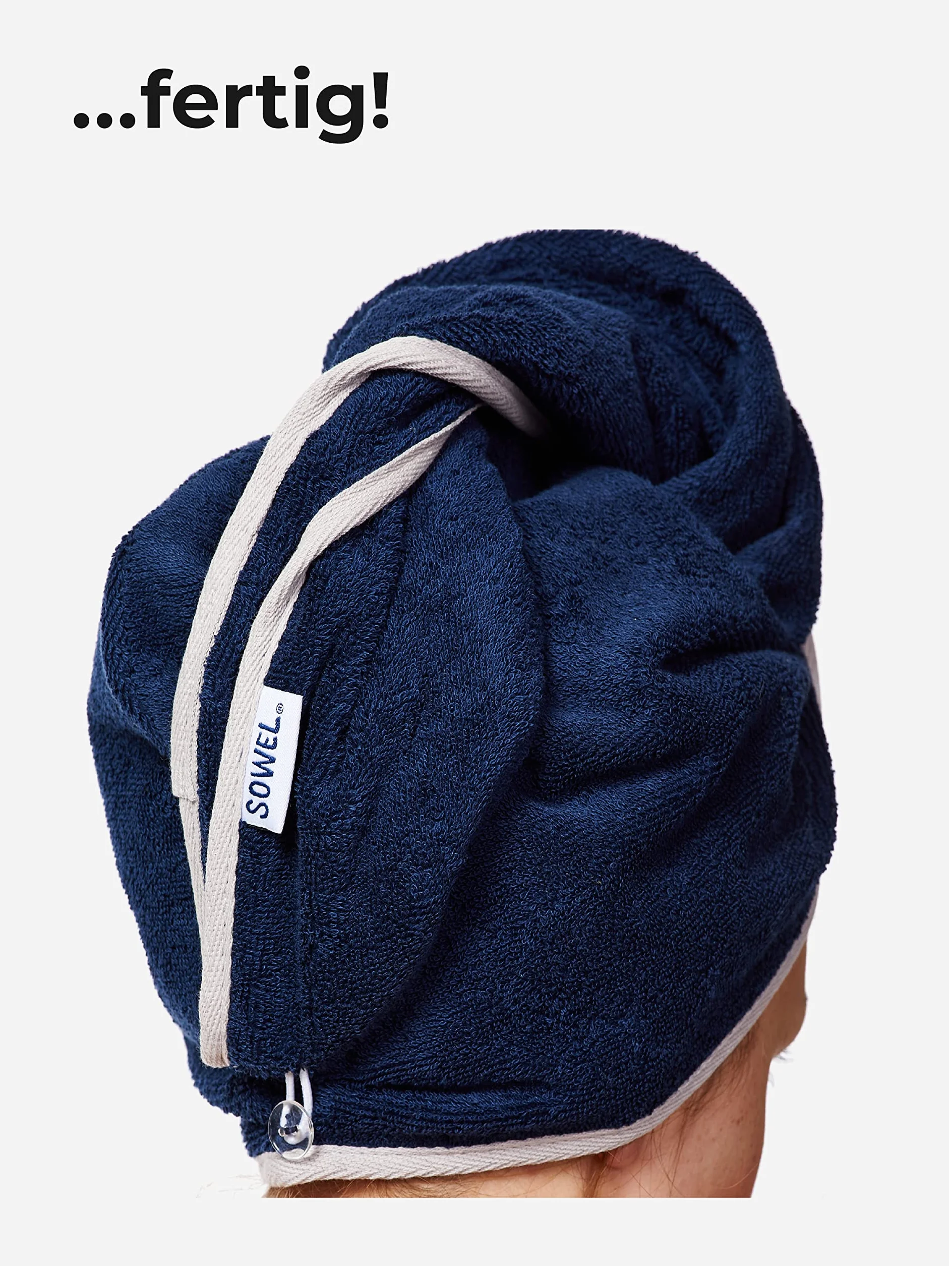 Sowel® Turban do włosów ze 100% bawełny organicznej, ręcznik turban z guzikiem, dla kobiet i mężczyzn, granatowy/szary