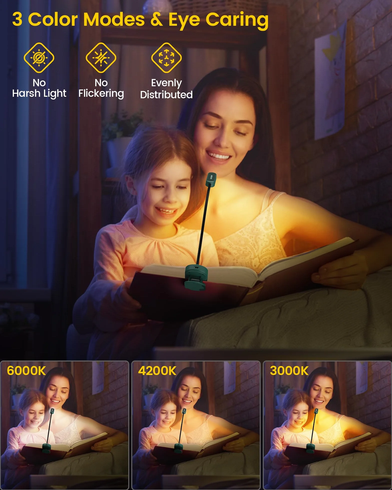 Glocusent Mini Clip-on Reading Light for Books in Bed, Rechargeable Battery Powered Book Light with 16 LEDs & Up to 80 Hours, 3 Color Modes & 5 Brightness Levels (zielony)