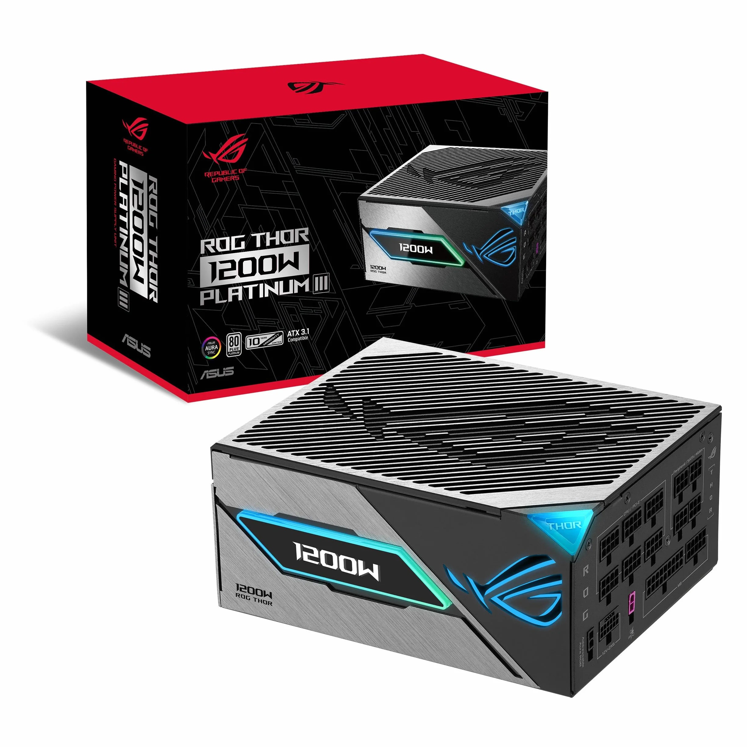 ASUS ROG Thor 1200 W Platinum III zasilacz gamingowy (GaN-MOSFET, Aura Sync RGB, ATX 3.1, PCIe 5.0 Ready, magnetyczny wyświetlacz OLED, tryb Turbo, procesor GPU, certyfikat 80+ Platinum)