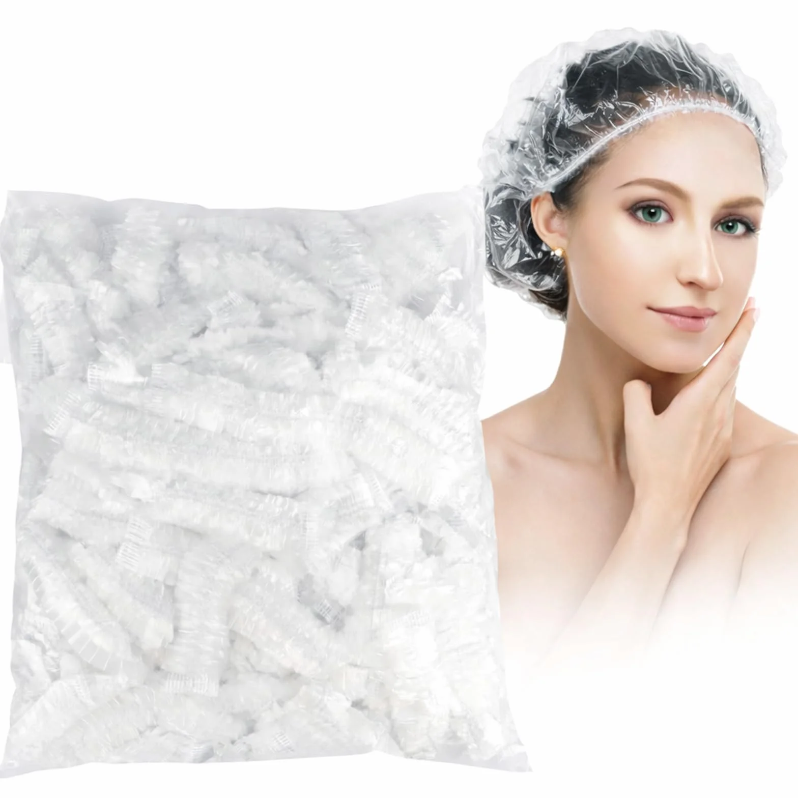 G2PLUS 100 szt. jednorazowych czepków prysznicowych - 44 cm plastikowy elastyczny czepek kąpielowy - wodoodporne czepki do włosów do użytku domowego, hotelu, spa i salonu fryzjerskiego
