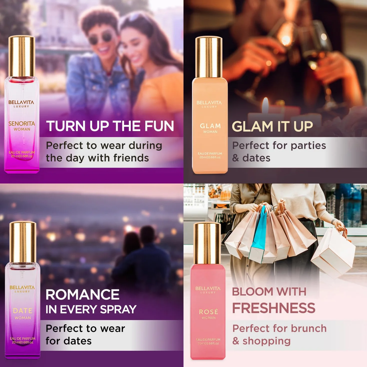 BellaVita Luksusowy zestaw upominkowy dla kobiet (4 x 20 ml) | DATA, SENORITA, GLAM, ROSE | Sweet Floral, Musk & Vanilla Perfume | Cologne Pheromone Perfume for Women | Zestaw upominkowy dla kobiet |