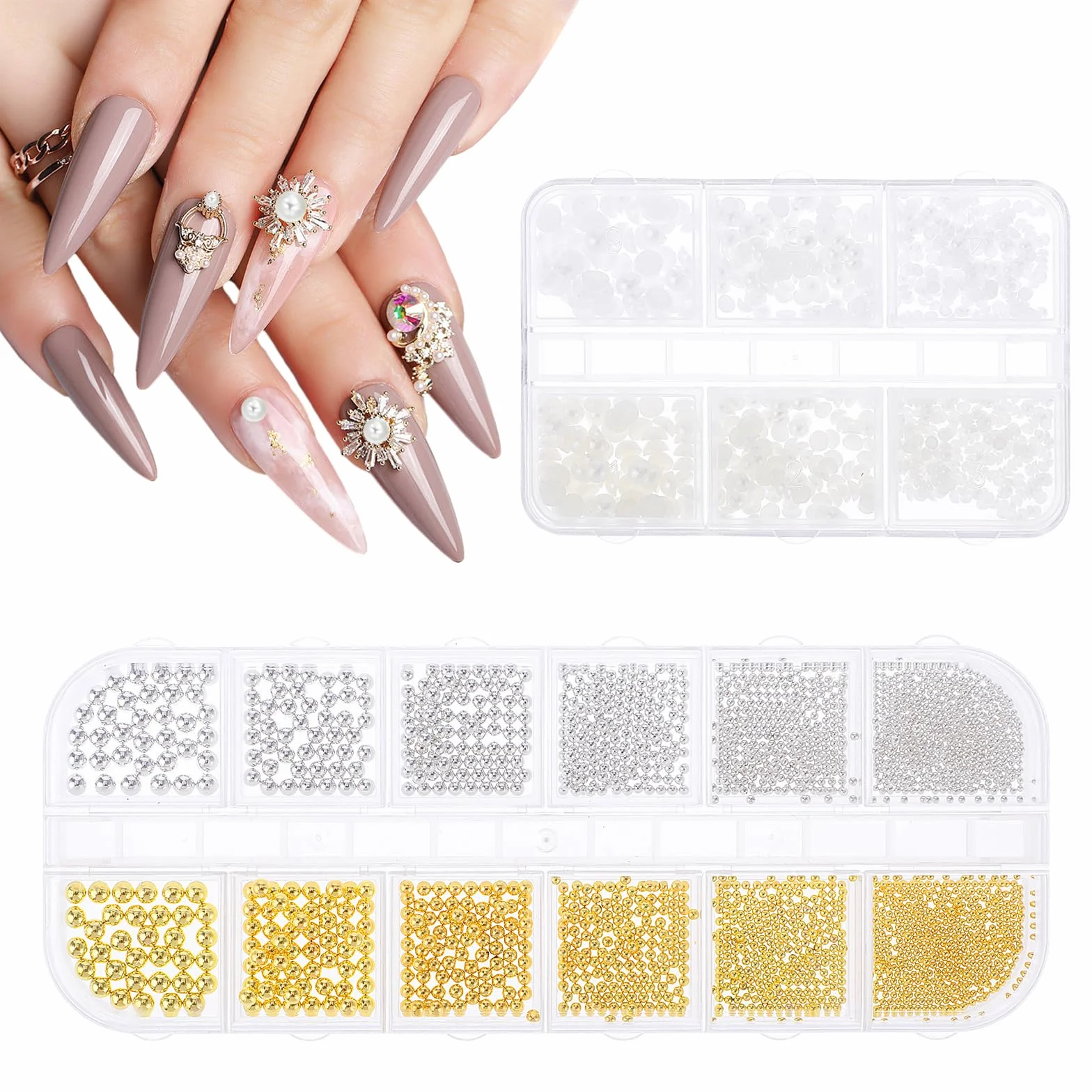 YuxianLB 2 pudełka Nail Art Charms koraliki do paznokci kamienie do paznokci płaski tył perełki małe złote srebrne stalowe kulki biżuteria do paznokci żelowych Caviar Beads do zdobienia paznokci