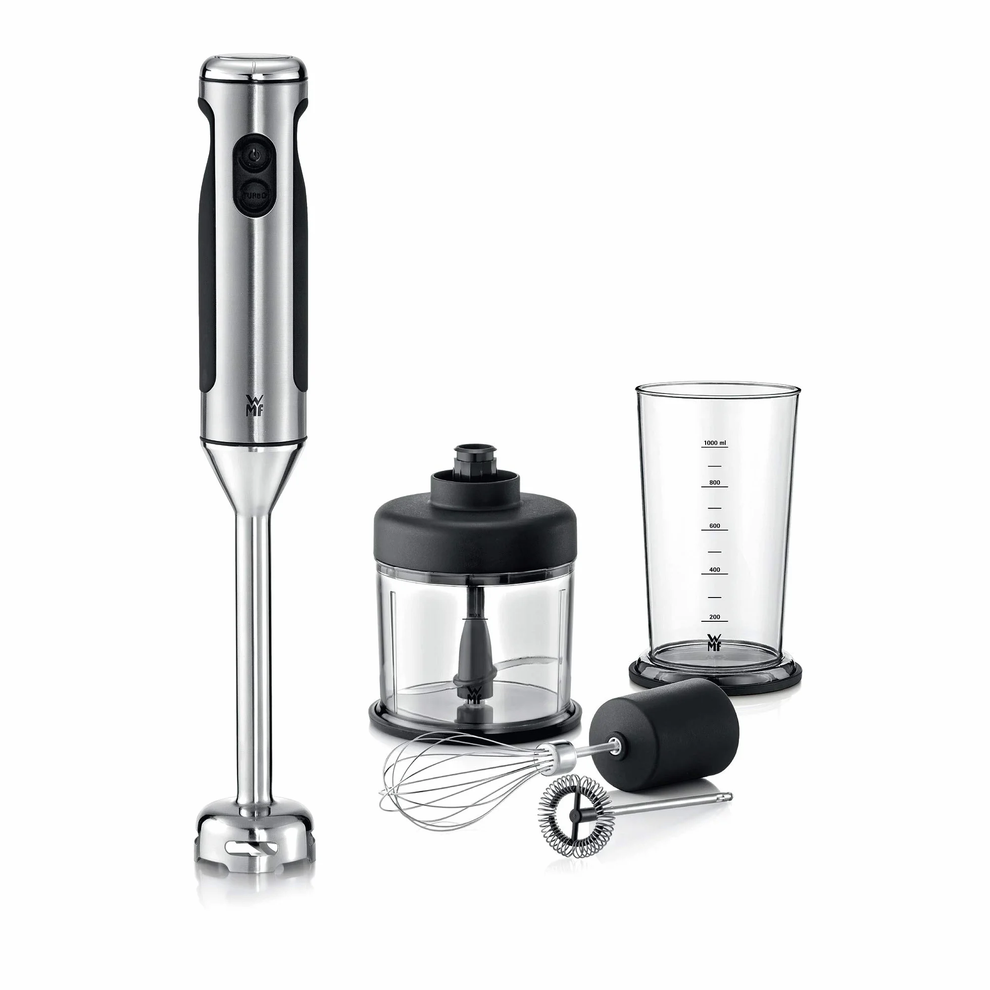 WMF Lineo 5-częściowy zestaw blenderów ręcznych, pałeczka do miksowania, trzepaczka, spieniacz do mleka, rozdrabniacz, 700 W, różdżka z pojemnikiem 1 l, stal nierdzewna matowa