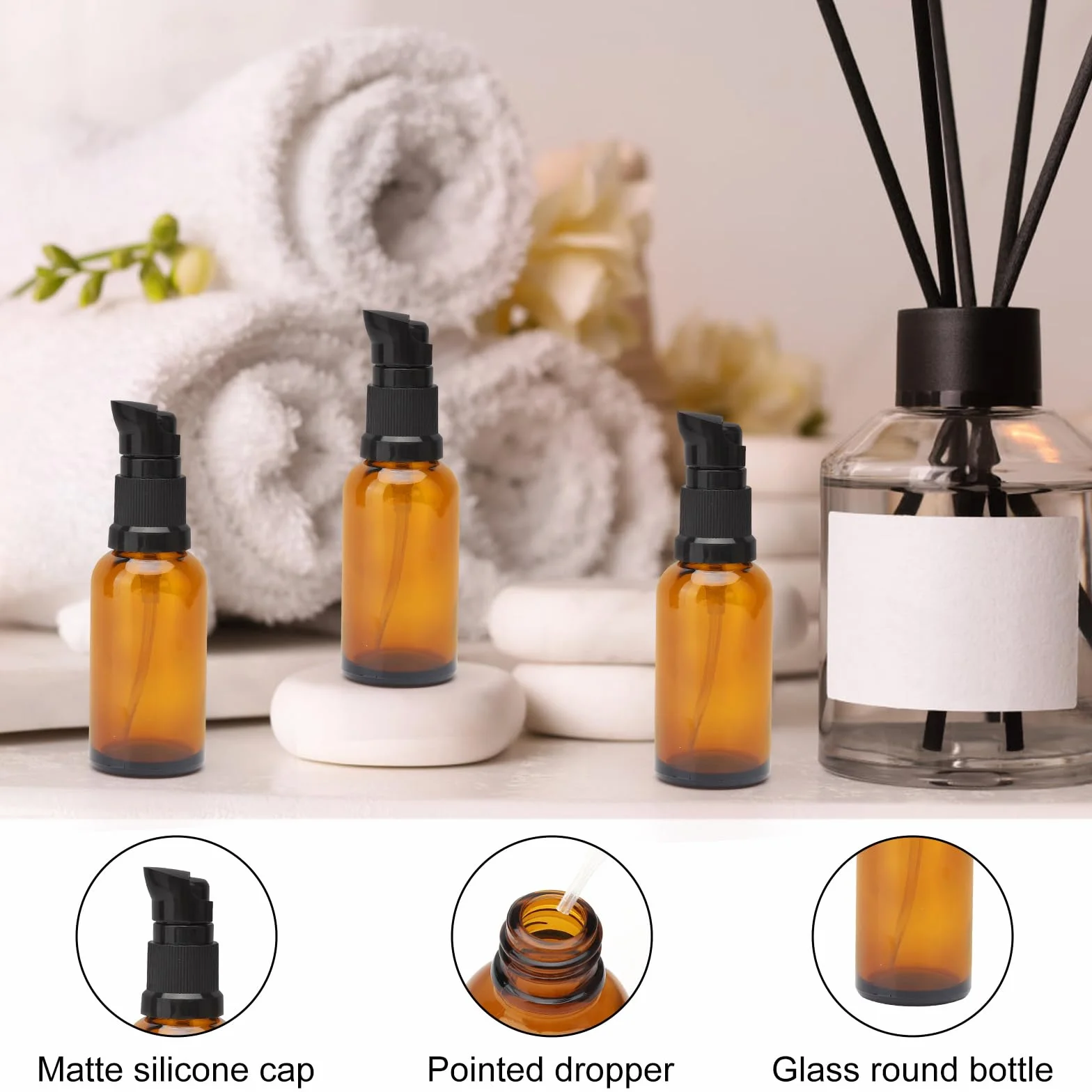6 sztuk pustych szklanych butelek o pojemności 30 ml, brązowe bursztynowe, szklane butelki na balsam, butelki z brązowego szkła, z pompką, do balsamu, serum i kremu