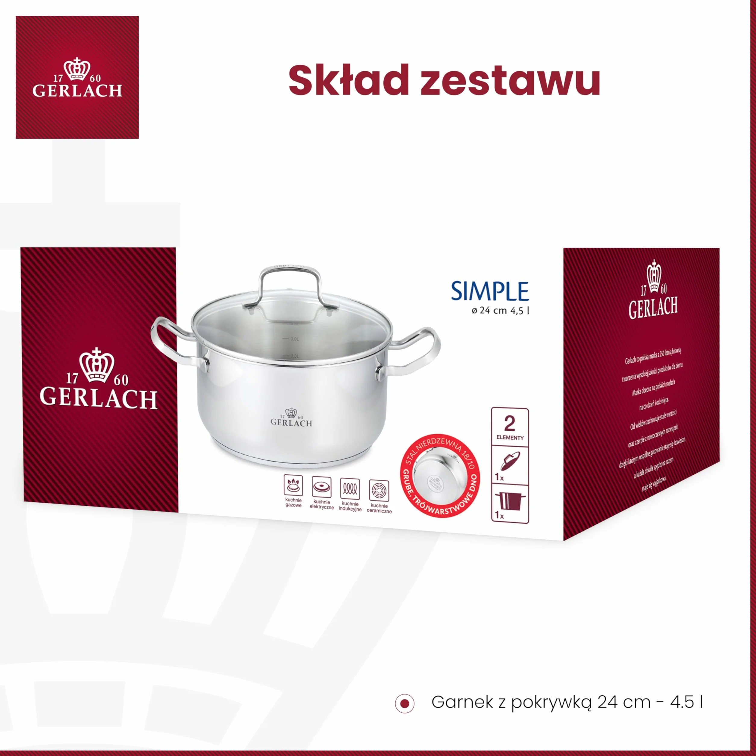 Gerlach Simple Garnek Indukcja Stal Nierdzewna Trójwarstwowe Dno Do Kuchenki Gazowej Elektrycznej Ceramicznej Piekarnika 4,5 l