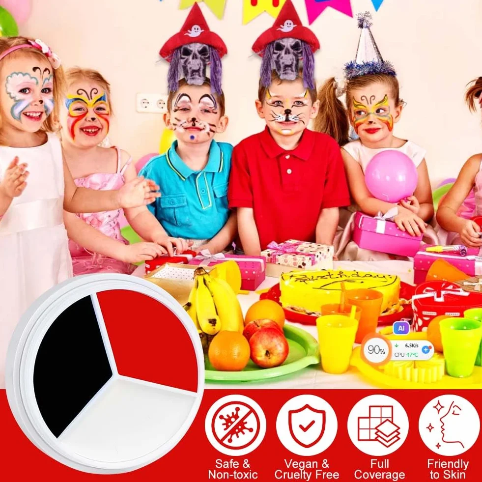 AOOWU Farba do ciała i twarzy, 3 kolory Halloween Farby Twarz, Clown Makijaż Halloween, Tłusta farba do twarzy Dorośli Dziecko, Zestaw do makijażu Halloween Karnawał Festiwal Clown Vampire Cosplay