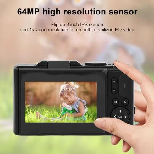Aparat Cyfrowy 64 MP, Aparat do Vlogowania 4K, Aparat z automatyczną regulacją Ostrości i 18-krotnym Zoomem, Mały Kompaktowy Aparat z 3-calowym Odchylanym Ekranem, Mały Aparat