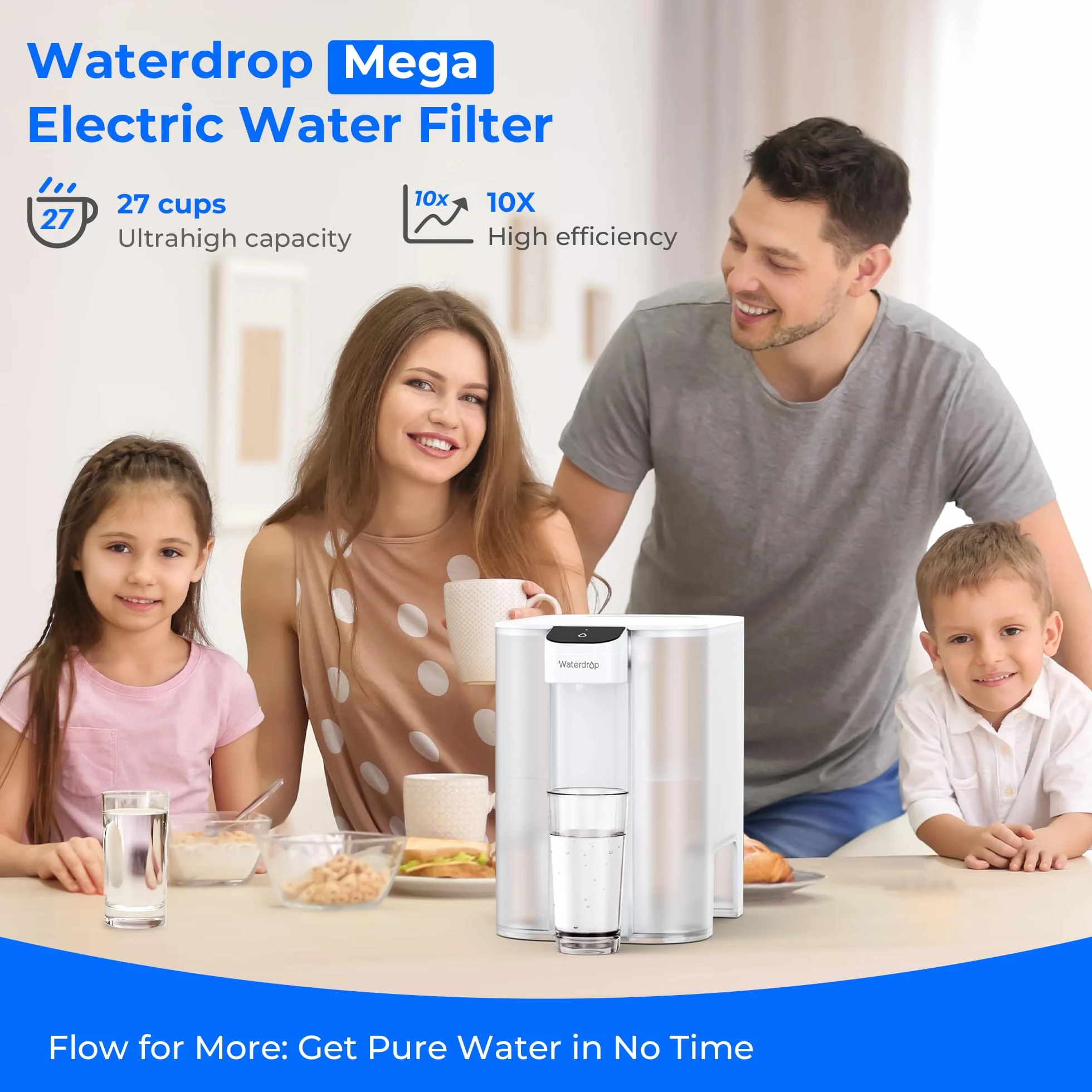 Waterdrop Mega Instant elektryczny filtr wody 6L blatowy system filtracji redukcja chloru ołowiu rtęci PFAS 757L biały 1 filtr