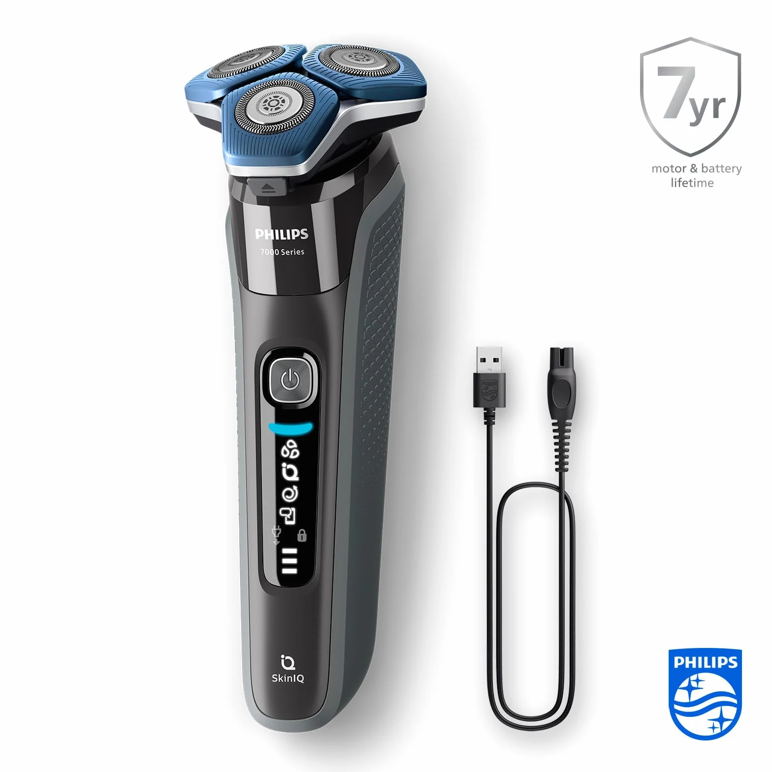 Golarka elektryczna Philips Series 7000 do golenia na mokro i na sucho z technologią SkinIQ, zintegrowanym trymerem, podkładką ładującą, etui podróżnym i szczotką do czyszczenia (Model S7887/35)