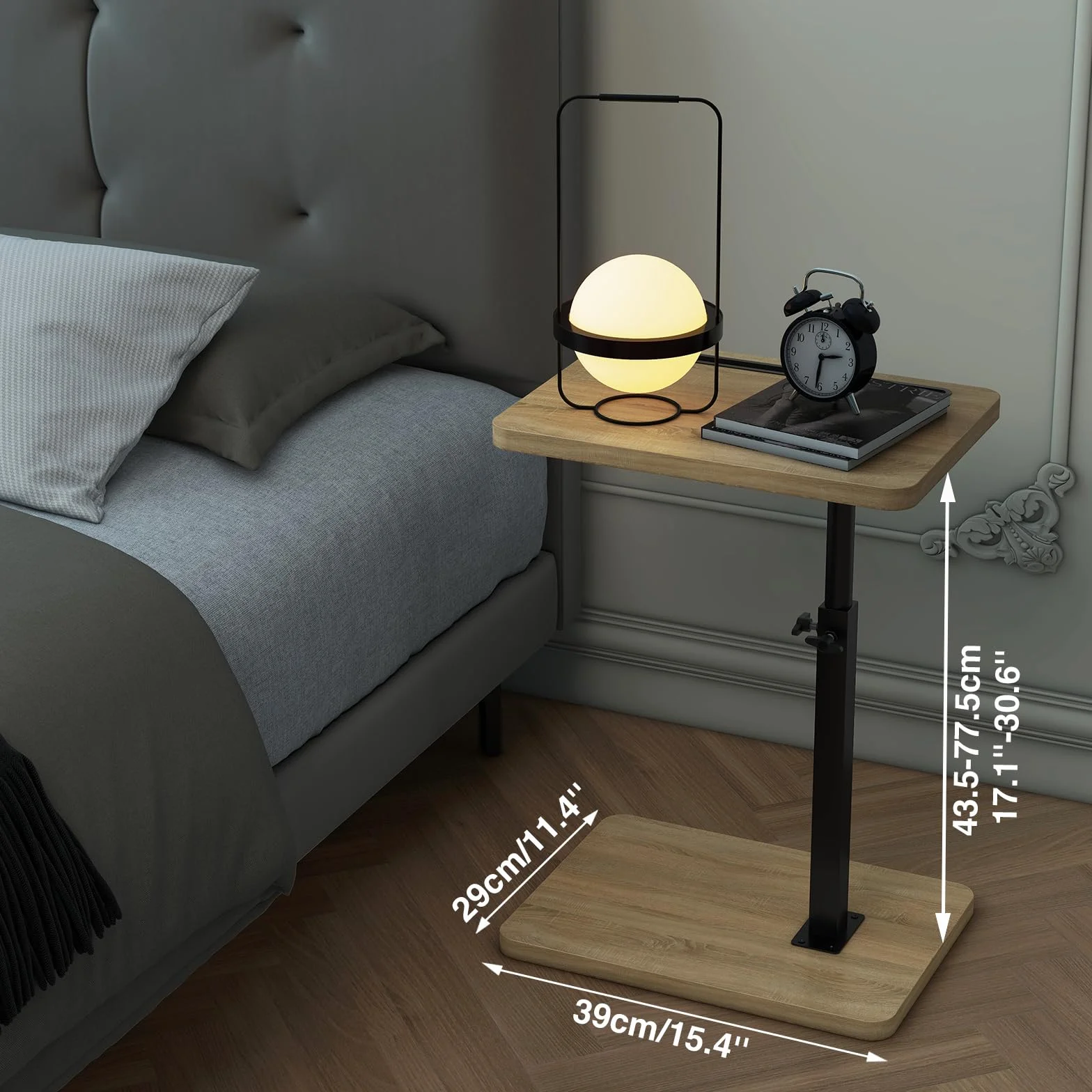 IBUYKE TVT003R Stolik pomocniczy w kształcie litery C, obracany o 360°, stolik końcowy z regulacją wysokości, do małych przestrzeni, z gniazdem na telefon i tablet, nowoczesny mały stolik kawowy na