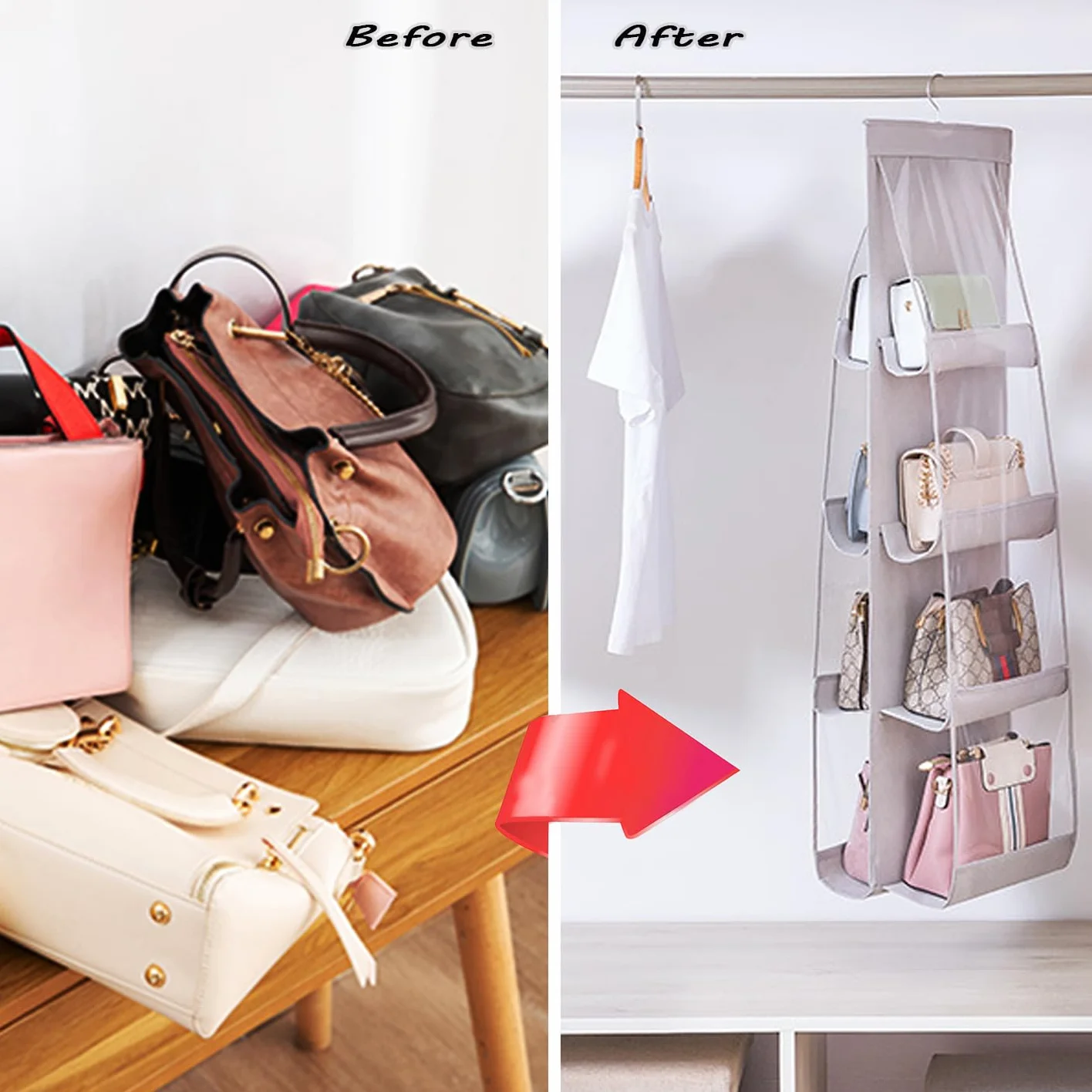 AARAINBOW Wiszący organizer do torebki, organizer do torebki, 8 kieszeni, garderoby, oszczędność miejsca, 44,5 l x 13,5 W (B-jasnoszary)