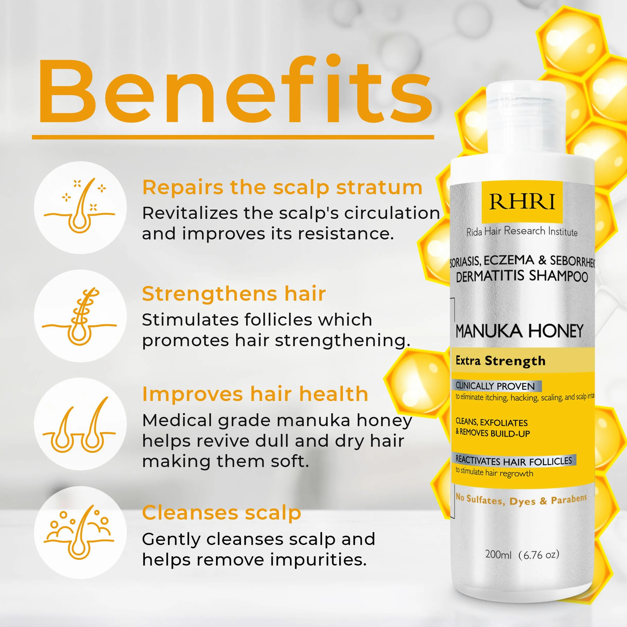 Rida Hair Research Institute Szampon na łuszczycę dla mężczyzn i kobiet z miodem Manuka - najlepszy sposób na swędzenie skóry głowy, egzemy i łojotok
