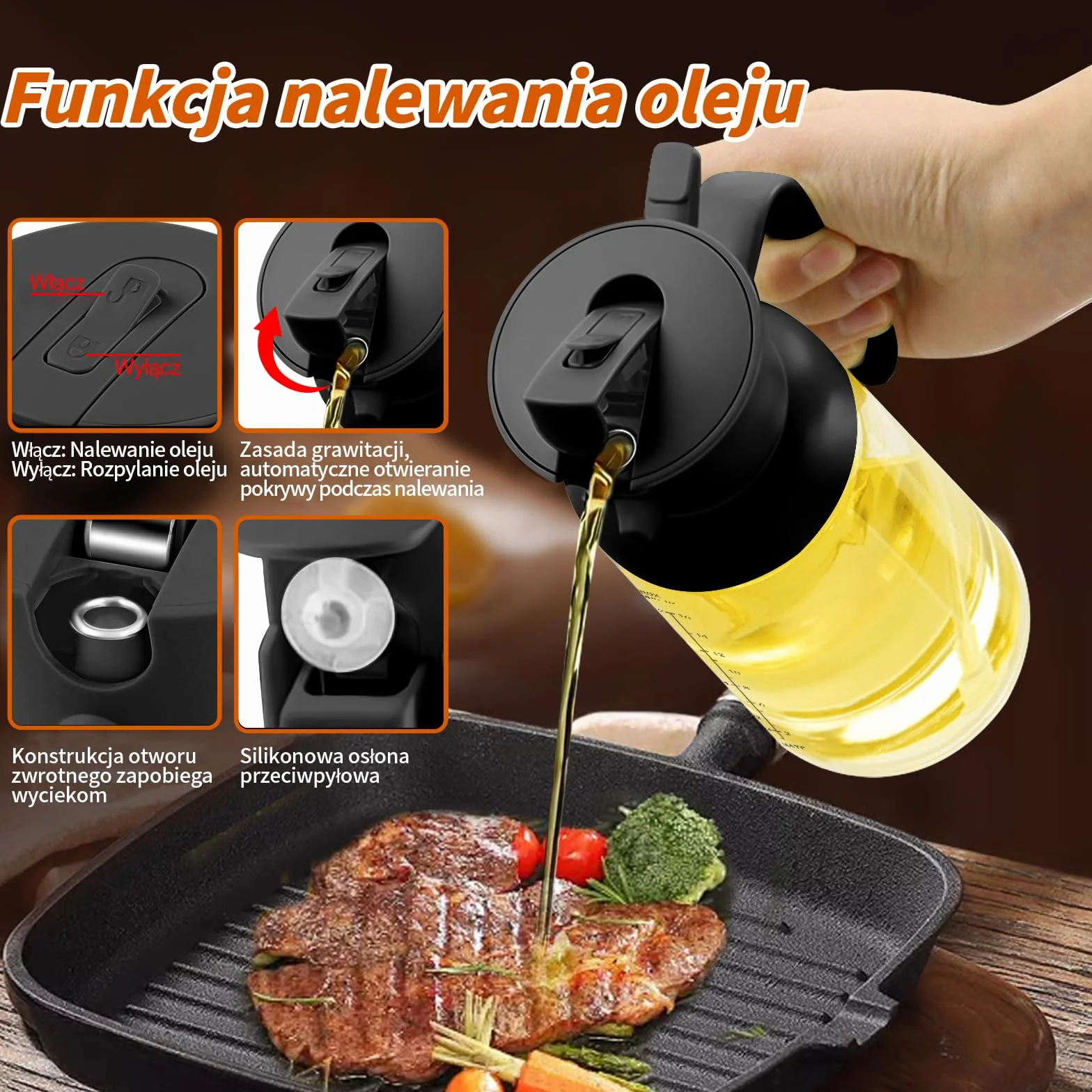 YARRAMATE Butelka dozująca oliwy z oliwek 2 w 1 rozpylacz oleju 18 oz 550 ml szklana Czarna