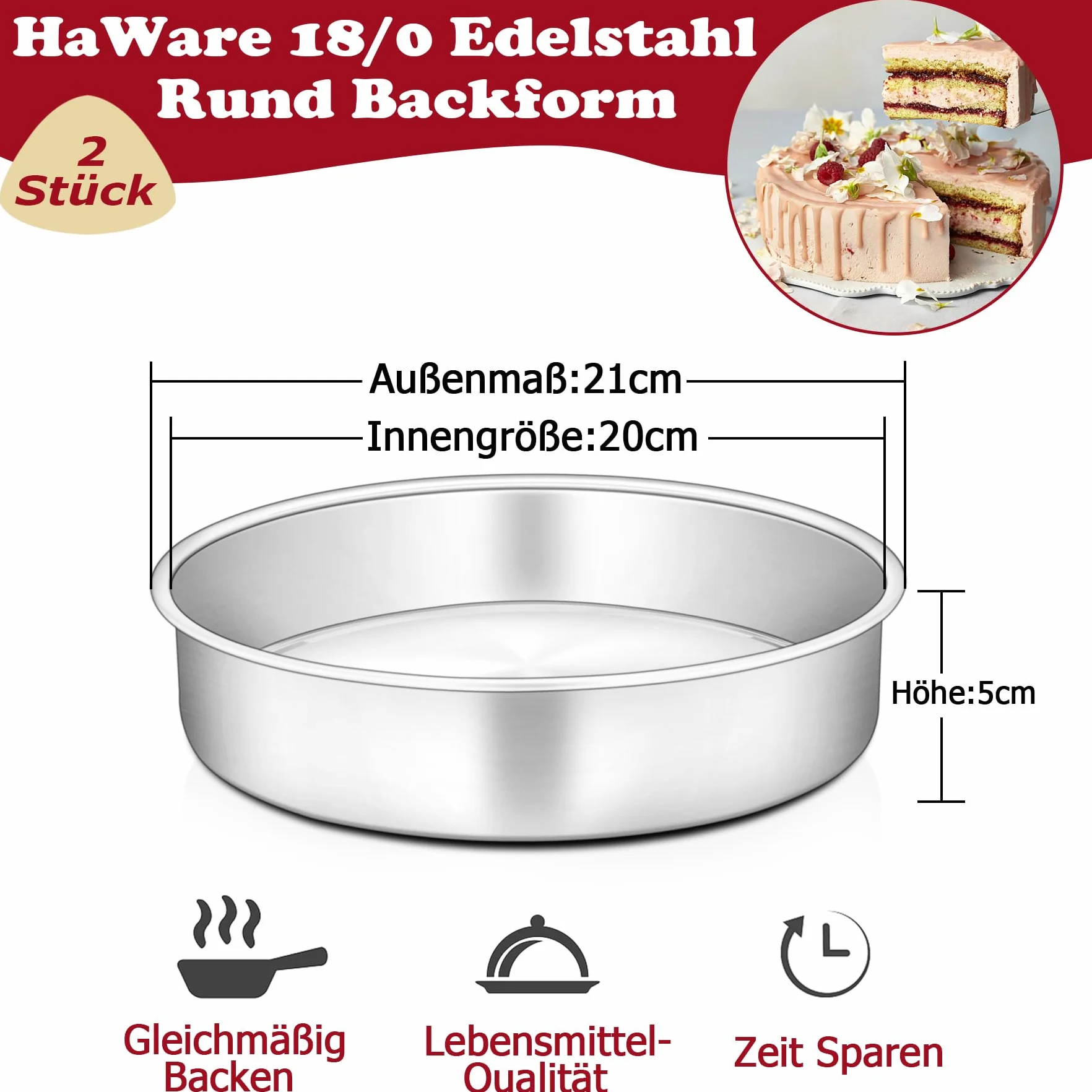 HaWare Okrągła forma do pieczenia 20 cm stal nierdzewna 2 sztuki