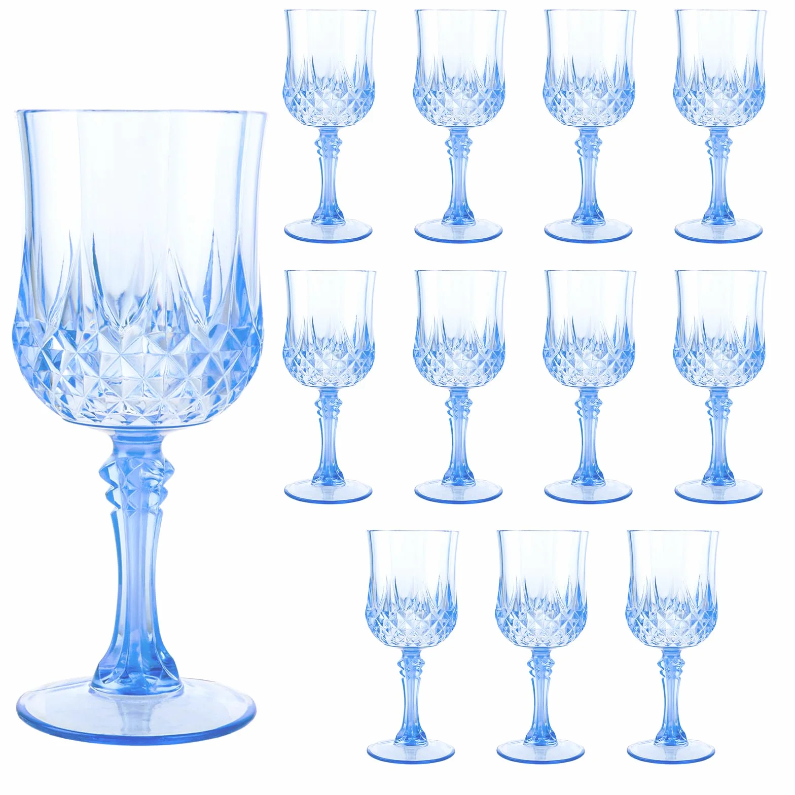 12 sztuk kieliszków do wina z tworzywa sztucznego 200 ml, niebieskie kieliszki do wina, tworzywo sztuczne, z wytłoczonym tłoczeniem, na kemping, z trzonkiem, wielokrotnego użytku, plastikowe