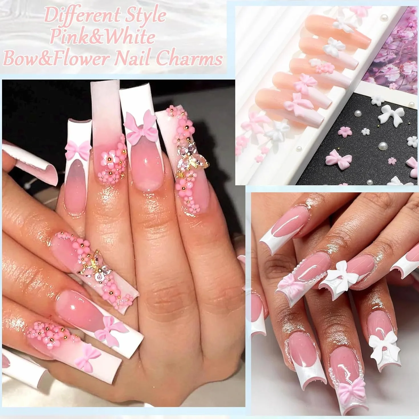 Nail Charms Ozdoby do paznokci, zestaw do paznokci z cyrkoniami, perełki do paznokci, kwiatkowa wstążka do paznokci, cyrkonie do paznokci