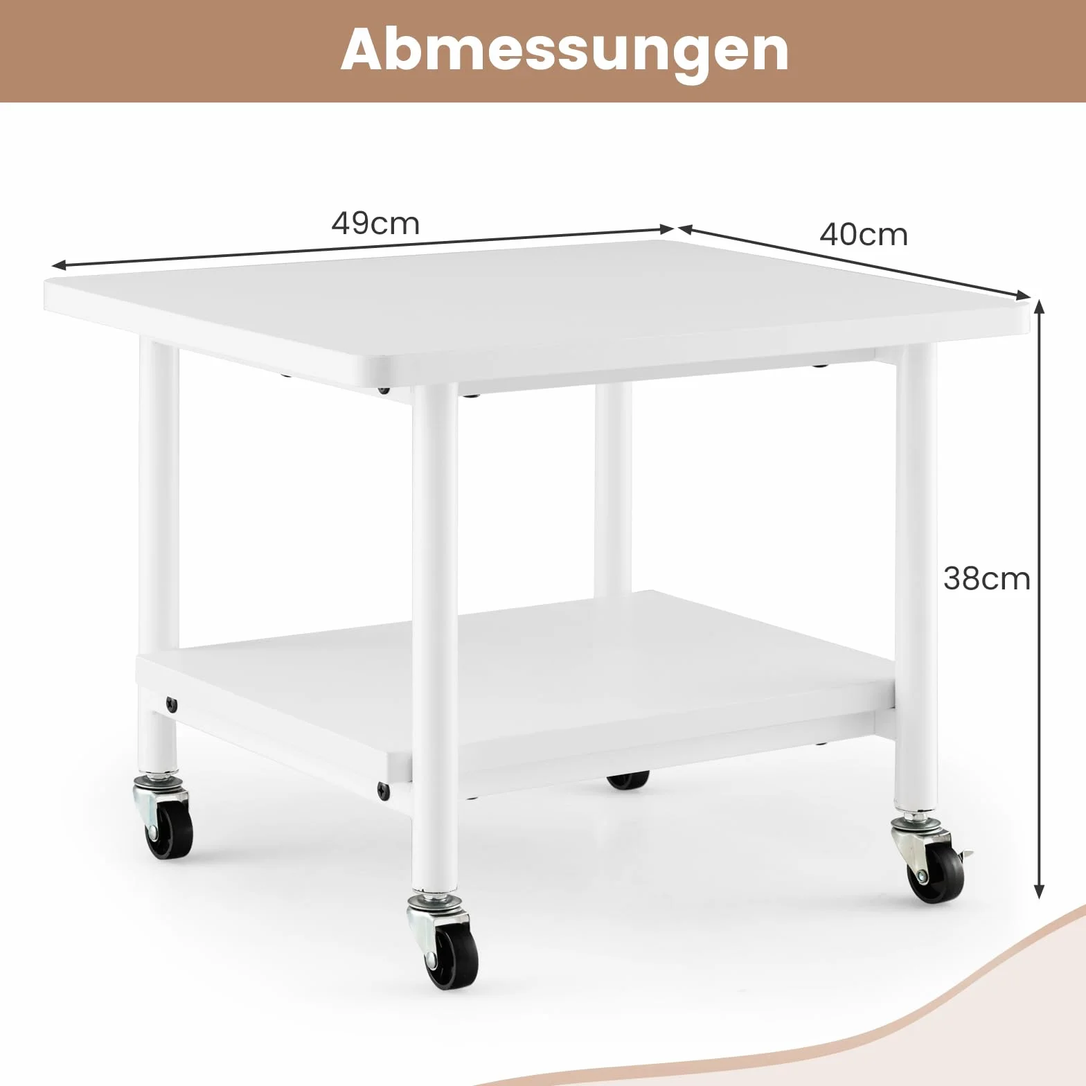 COSTWAY Stolik do drukarki z rolkami, stojak na drukarkę z regulowanymi kółkami, wózek z 2 poziomami, półka na drukarkę, uchwyt na drukarkę do biura, faks, 49 x 40 x 38 cm (całkowicie biały)