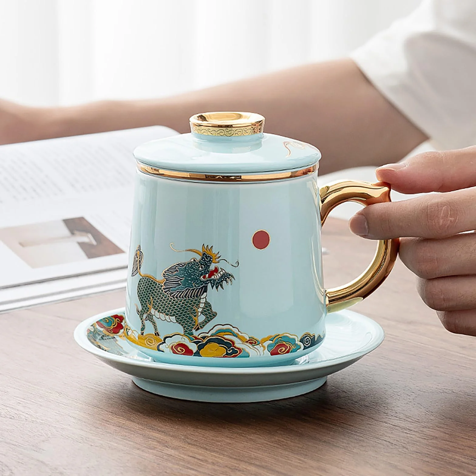 Kubek z zaparzaczem do herbaty, filiżanka do herbaty z zaparzaczem i pokrywką, zaparzacz do herbaty liściastej, do luźnej herbaty, kubek biurowy, ceramiczny kubek z pokrywką, separacja