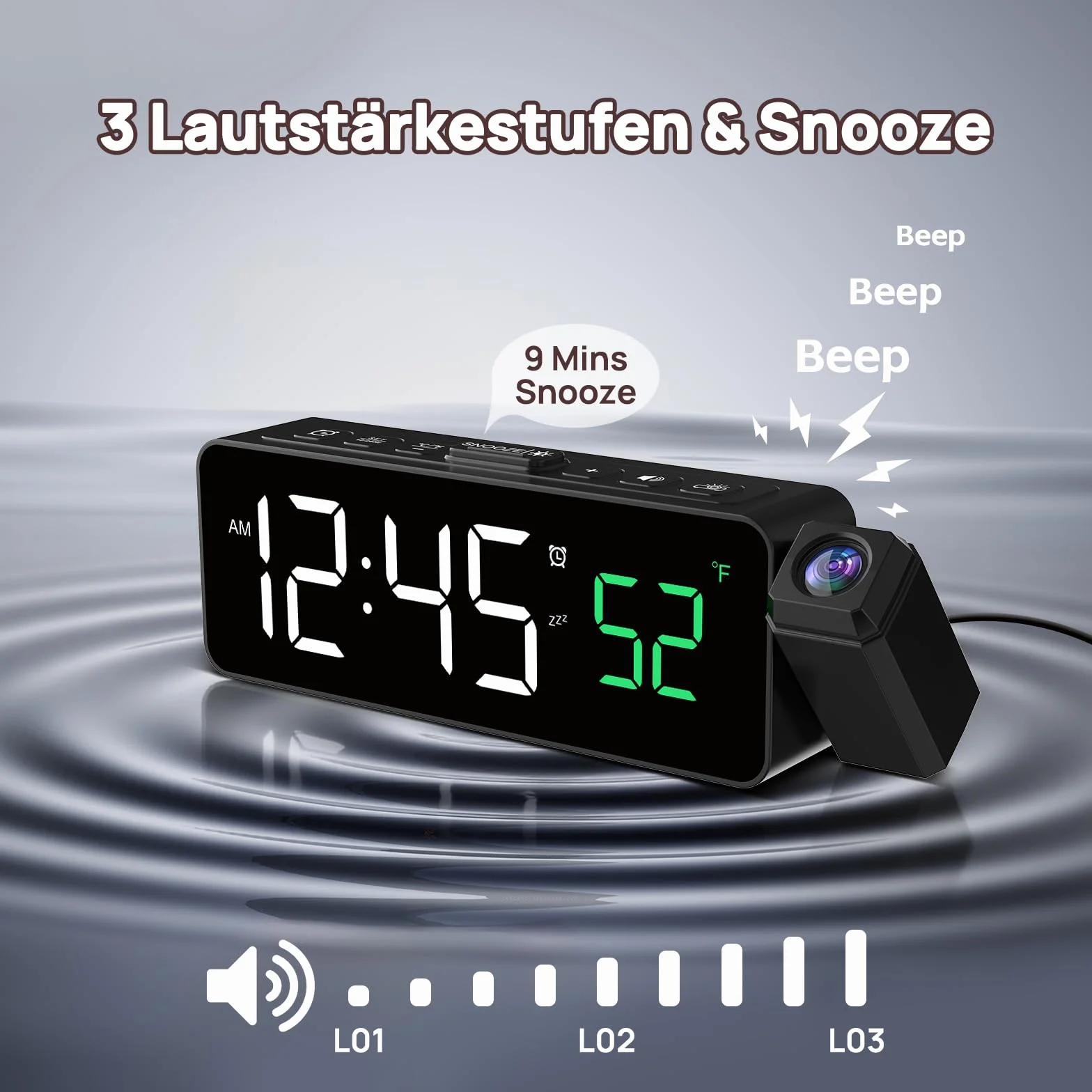 Budzik projekcyjny cyfrowy z projektorem 180°, wyświetlacz LED, 4 jasności, 3 głośności, 9 min drzemki, 12/24 h